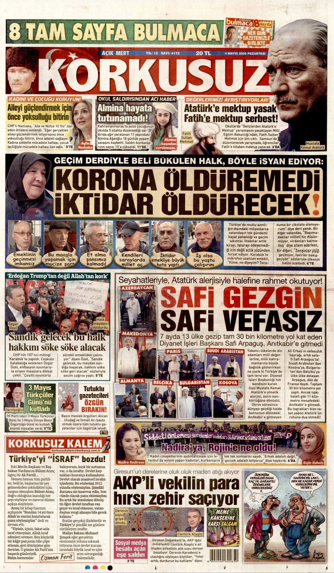 KORKUSUZ gazetesinin 4 Mayıs 2026 tarihli birinci sayfası