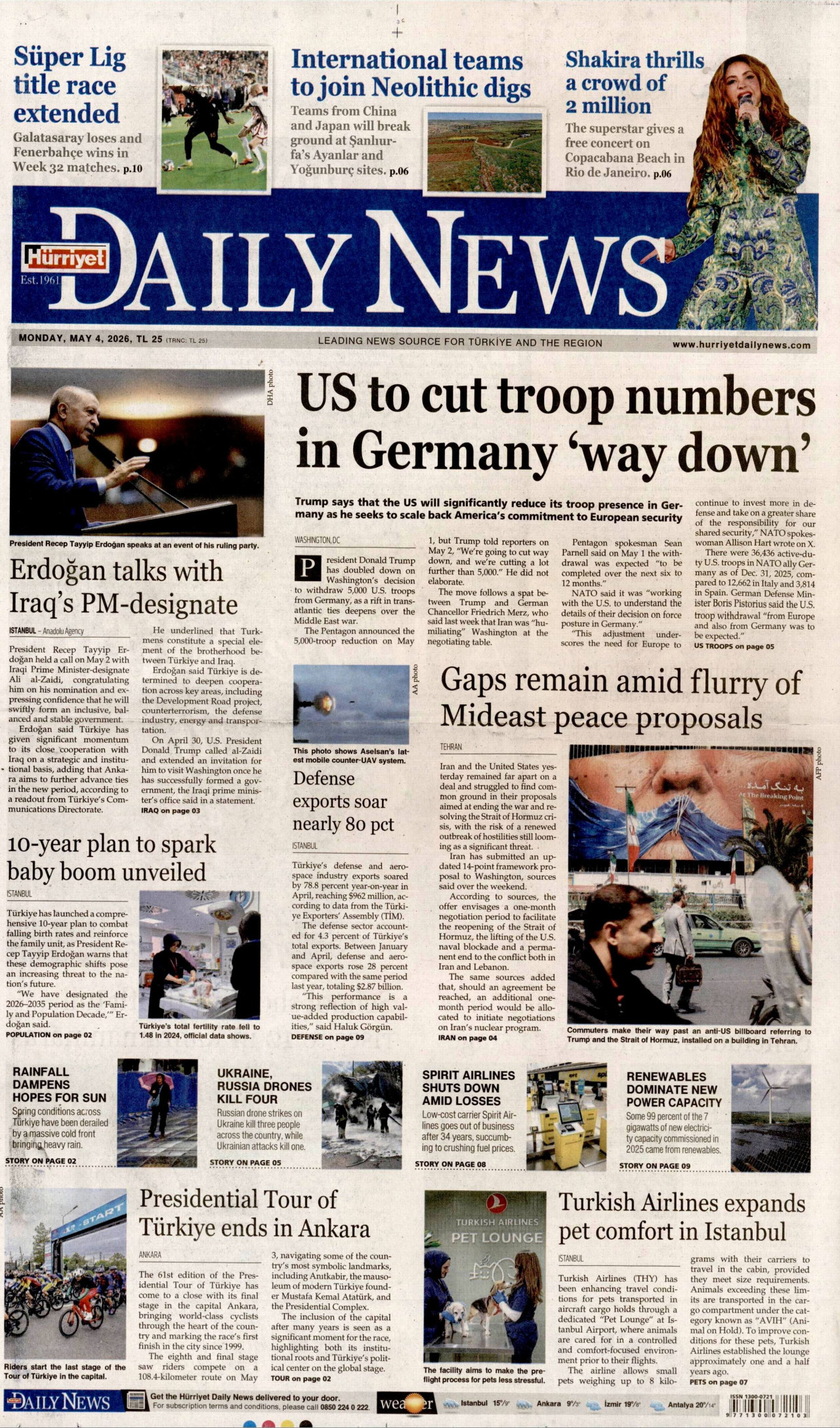 HÜRRİYET DAİLY NEWS gazetesinin 4 Mayıs 2026 tarihli birinci sayfası