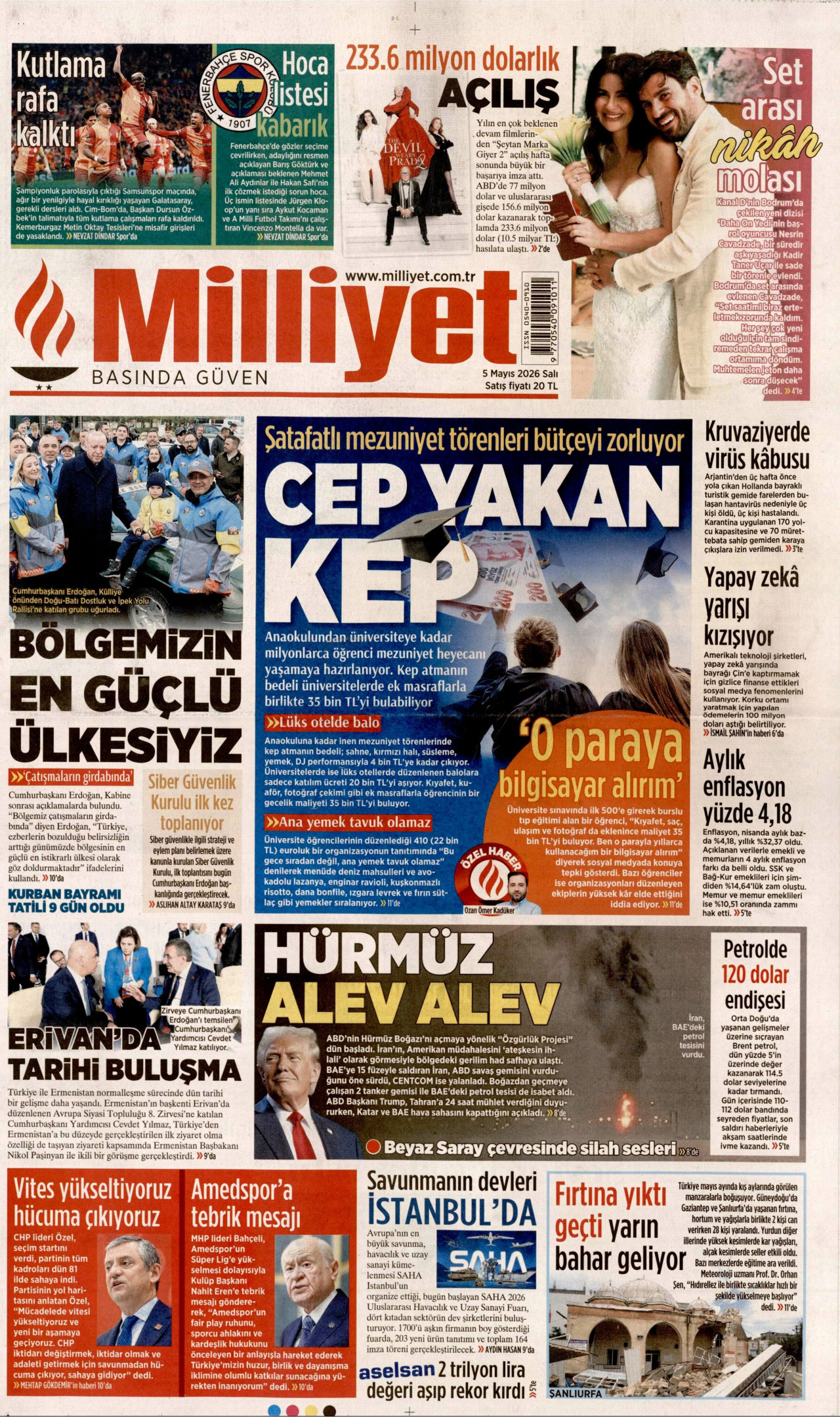 MİLLİYET gazetesinin 5 Mayıs 2026 tarihli birinci sayfası