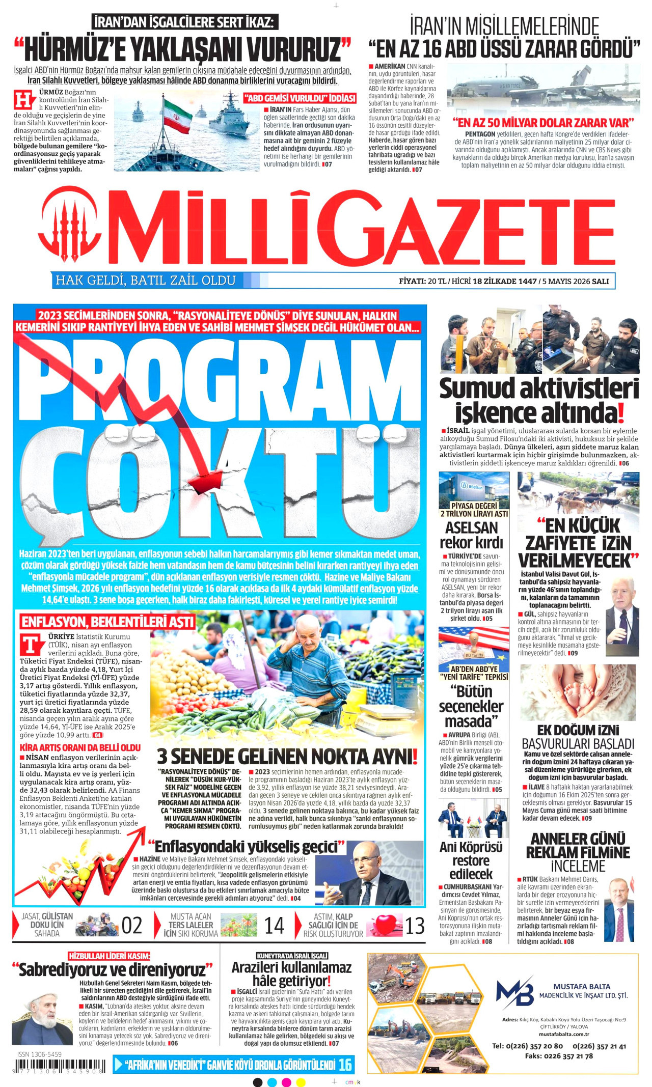 MİLLİ GAZETE gazetesinin 5 Mayıs 2026 tarihli birinci sayfası