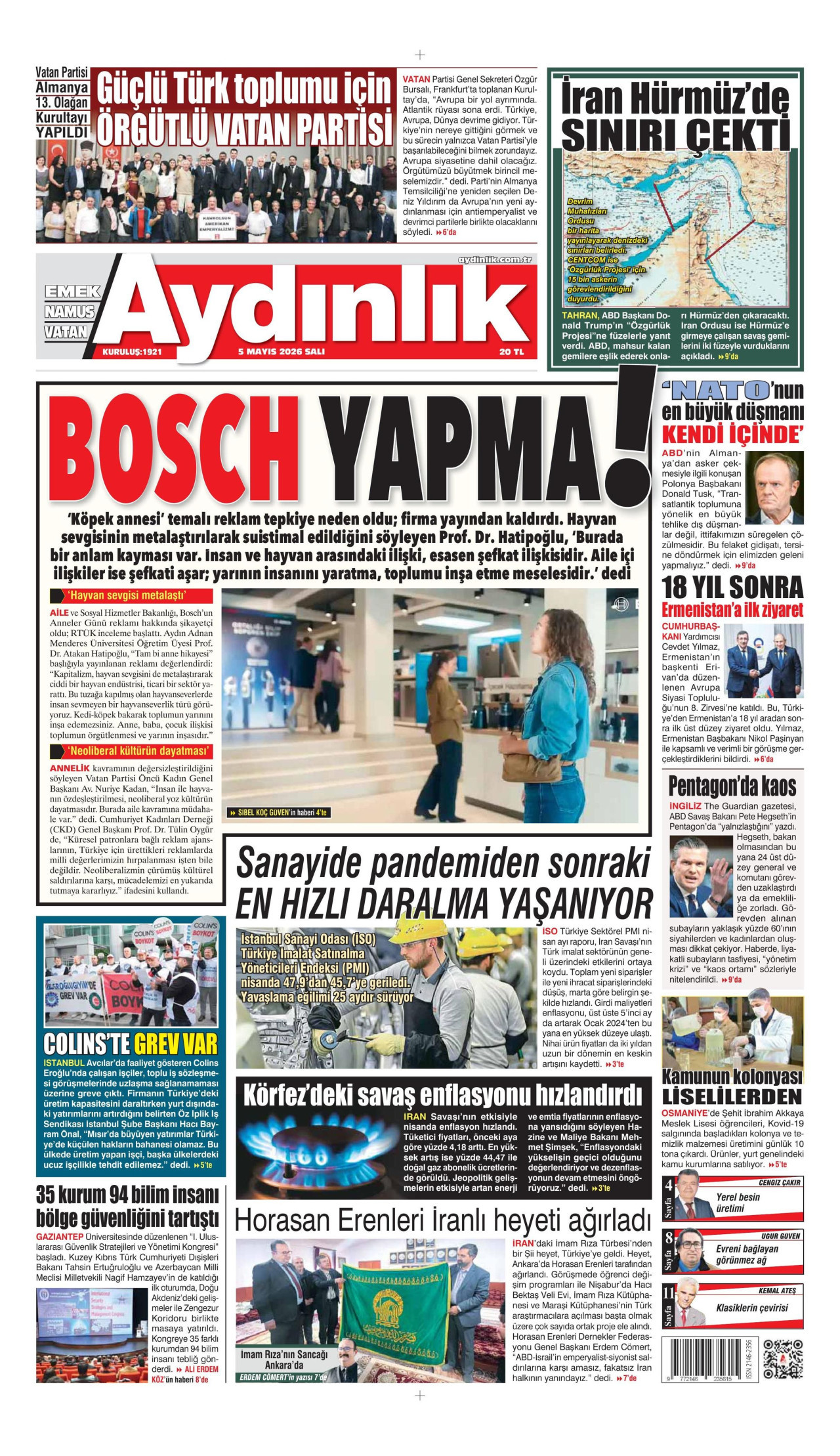 AYDINLIK GAZETESİ gazetesinin 5 Mayıs 2026 tarihli birinci sayfası