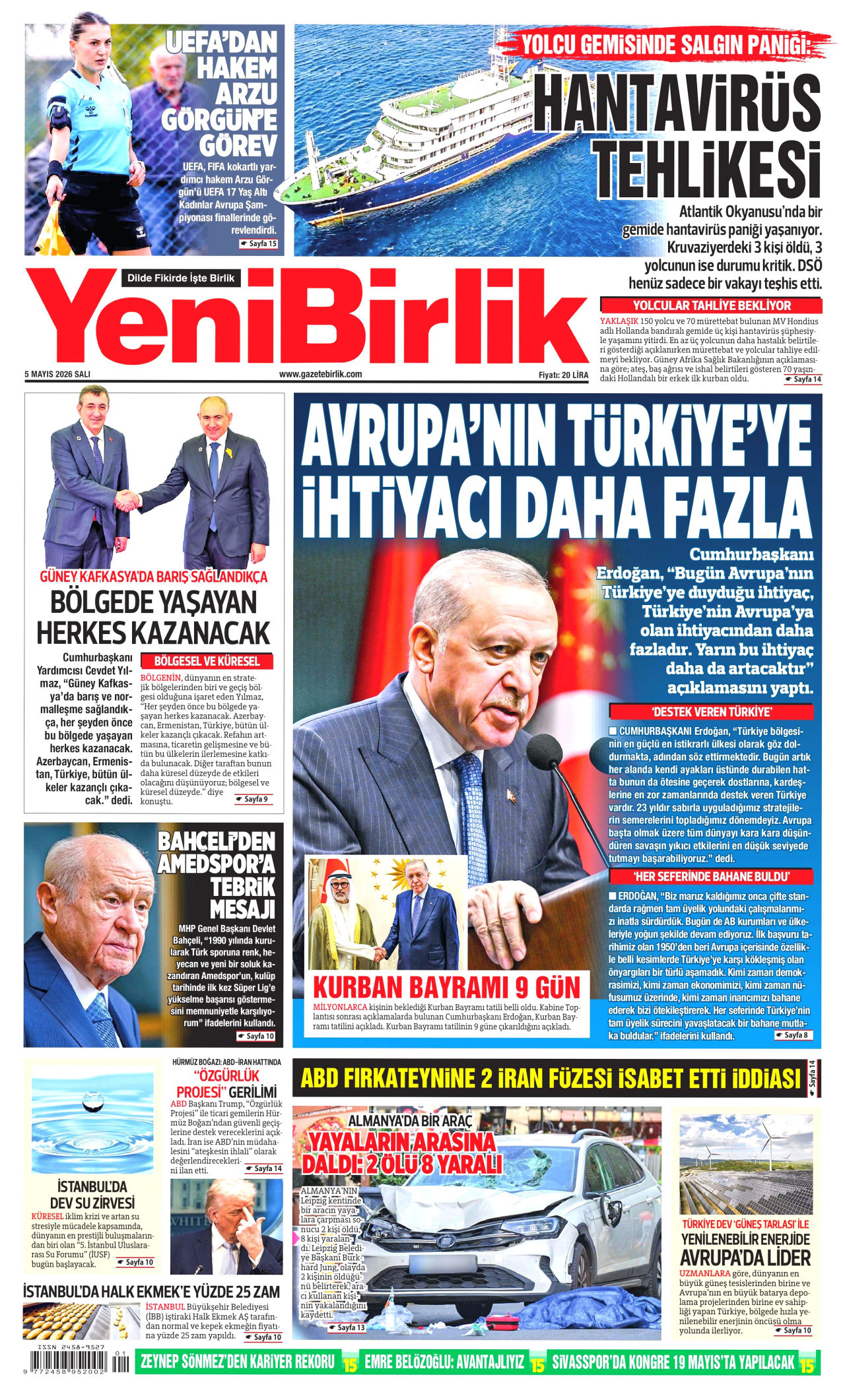 YENİBİRLİK gazetesinin 5 Mayıs 2026 tarihli birinci sayfası