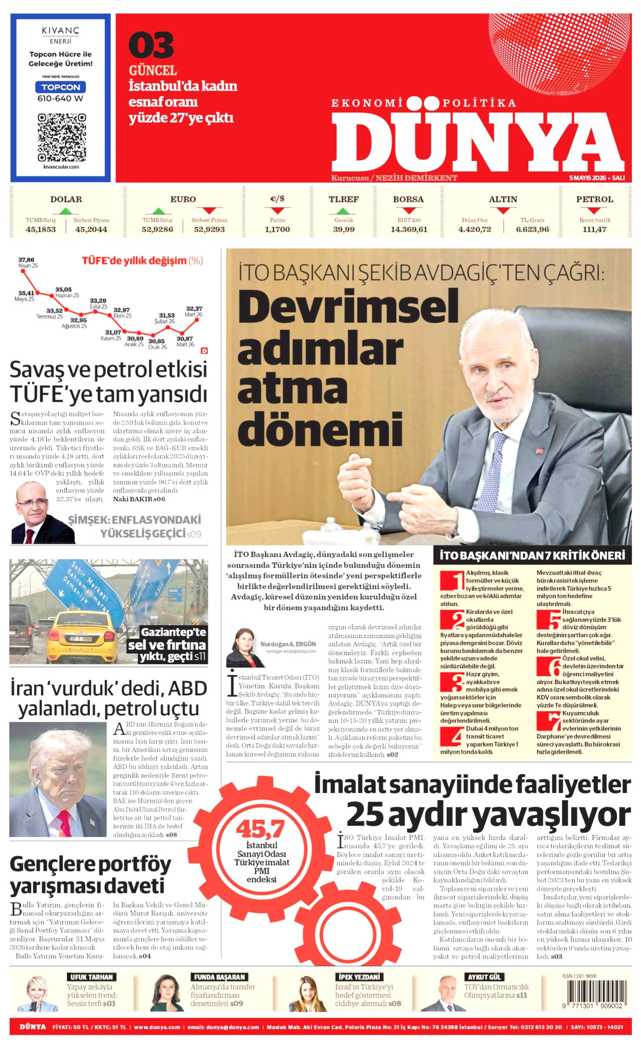 DÜNYA gazetesinin 5 Mayıs 2026 tarihli birinci sayfası