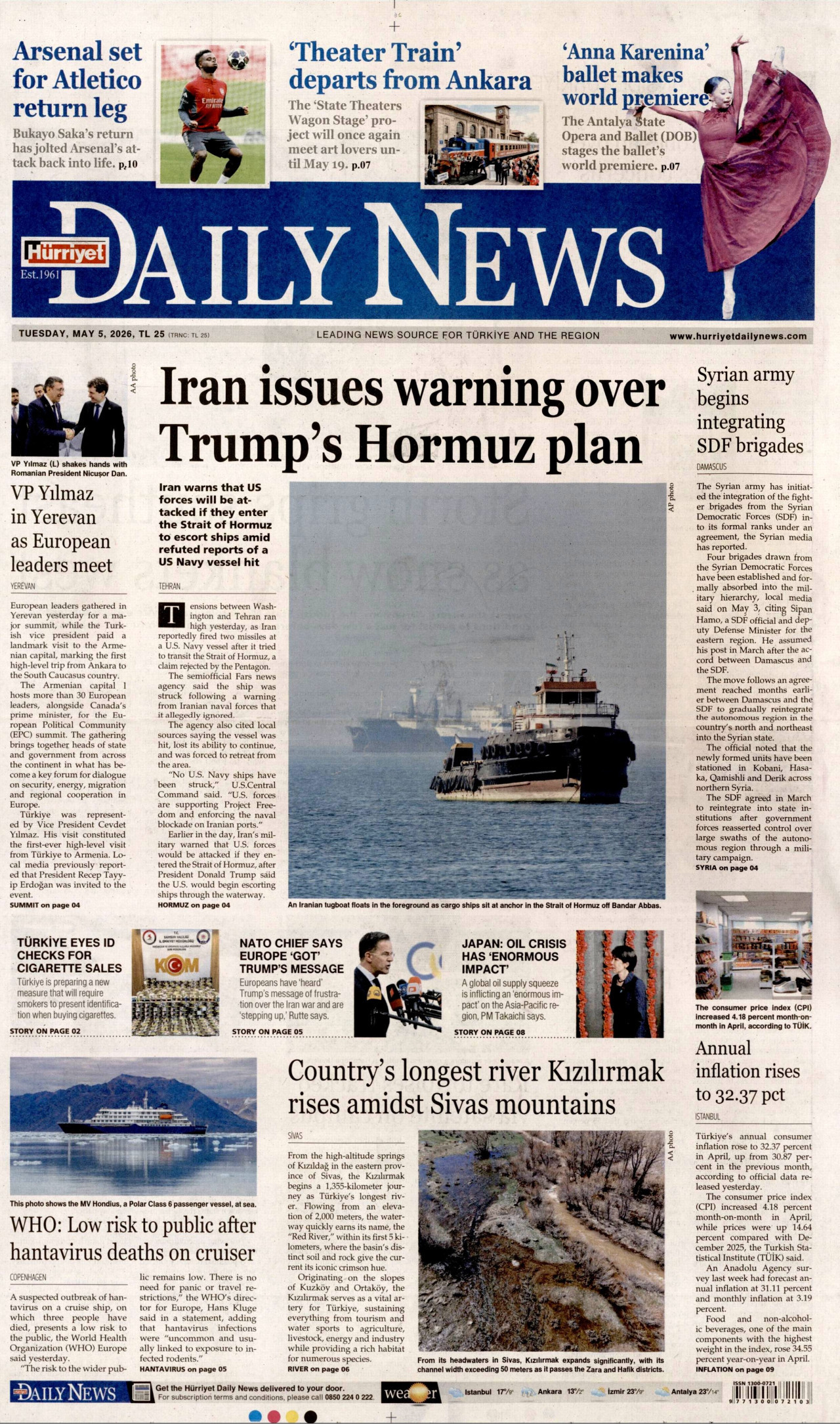 HÜRRİYET DAİLY NEWS gazetesinin 5 Mayıs 2026 tarihli birinci sayfası