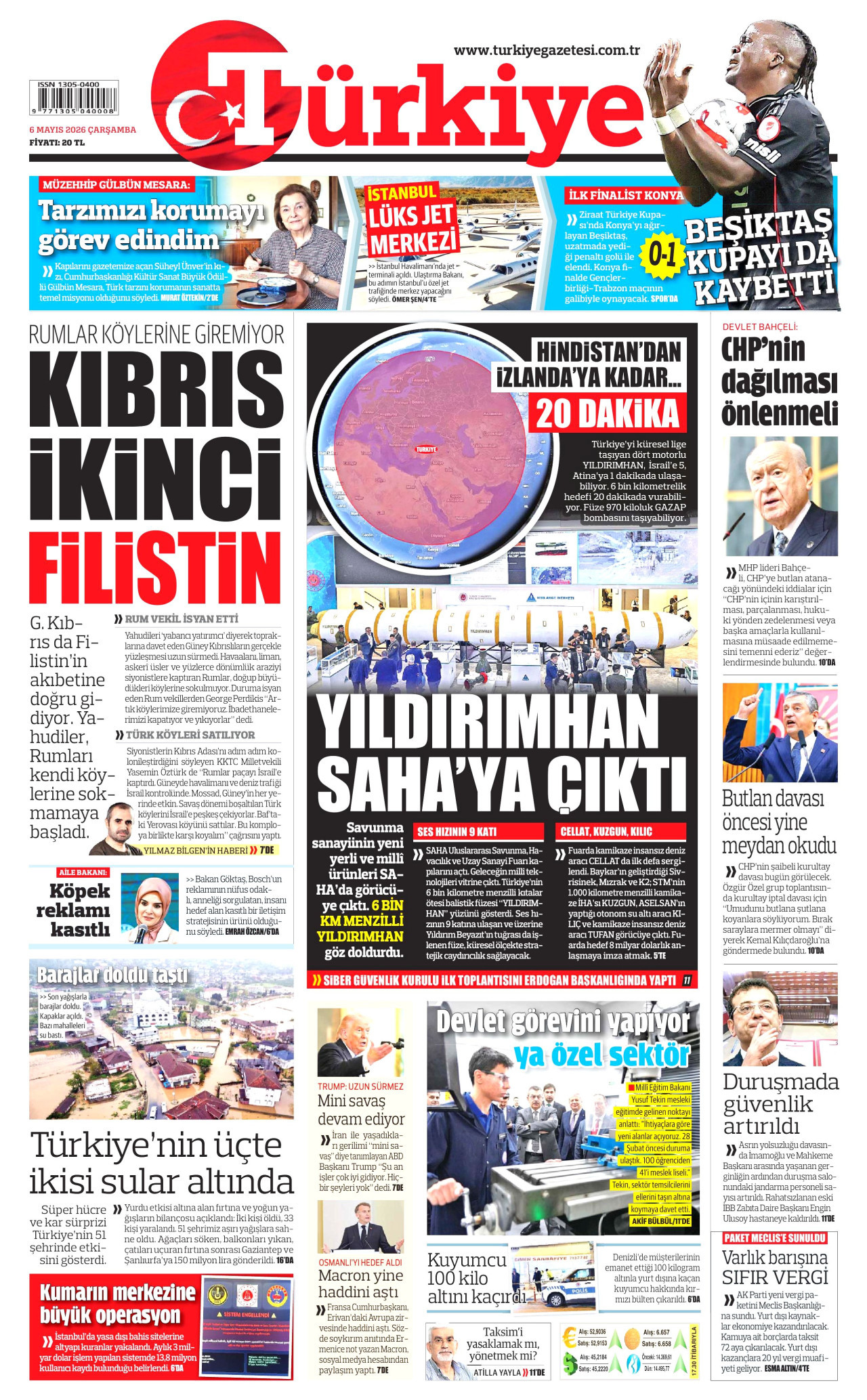 TÜRKİYE GAZETESİ gazetesinin 6 Mayıs 2026 tarihli birinci sayfası