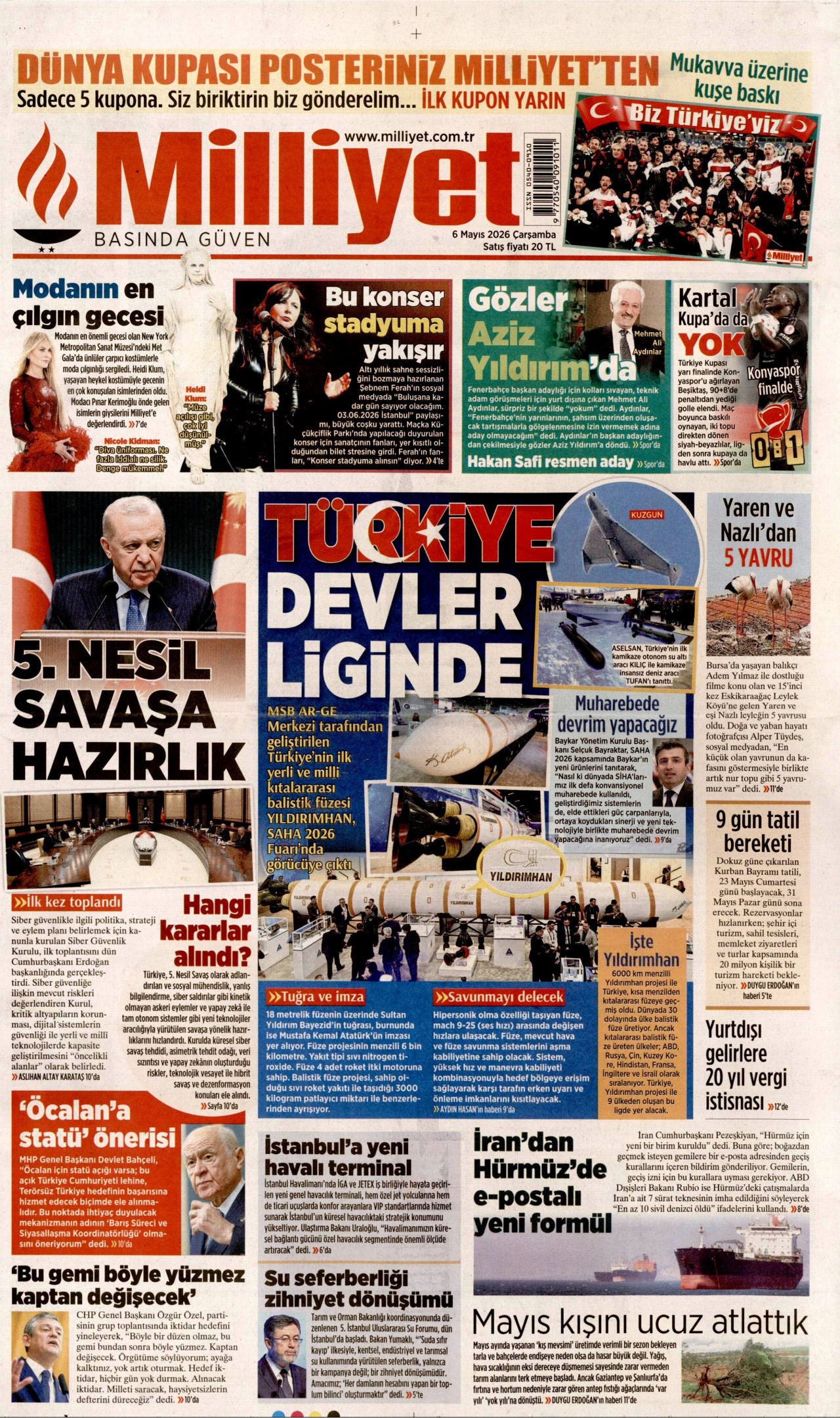 MİLLİYET gazetesinin 6 Mayıs 2026 tarihli birinci sayfası