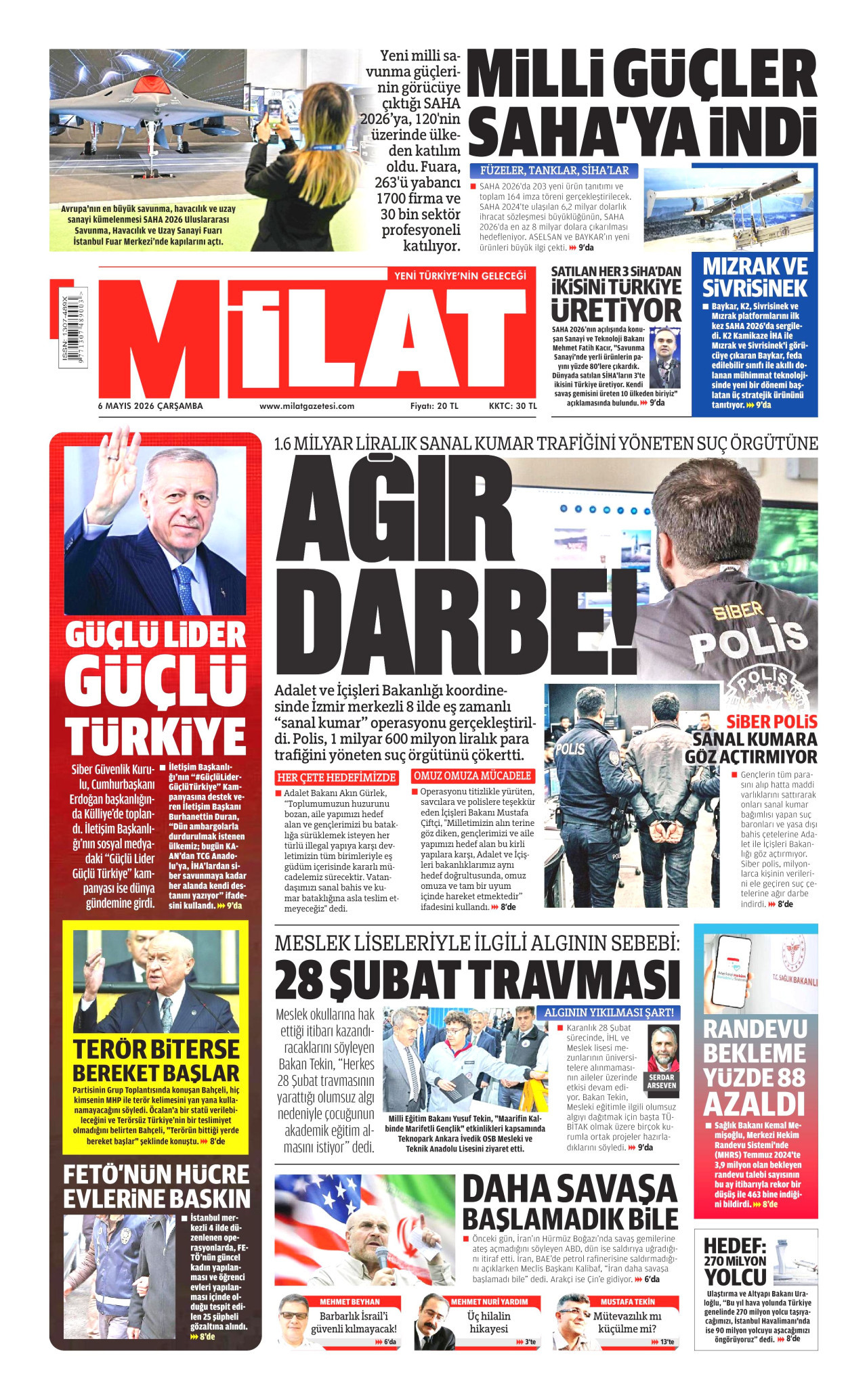 MİLAT gazetesinin 6 Mayıs 2026 tarihli birinci sayfası