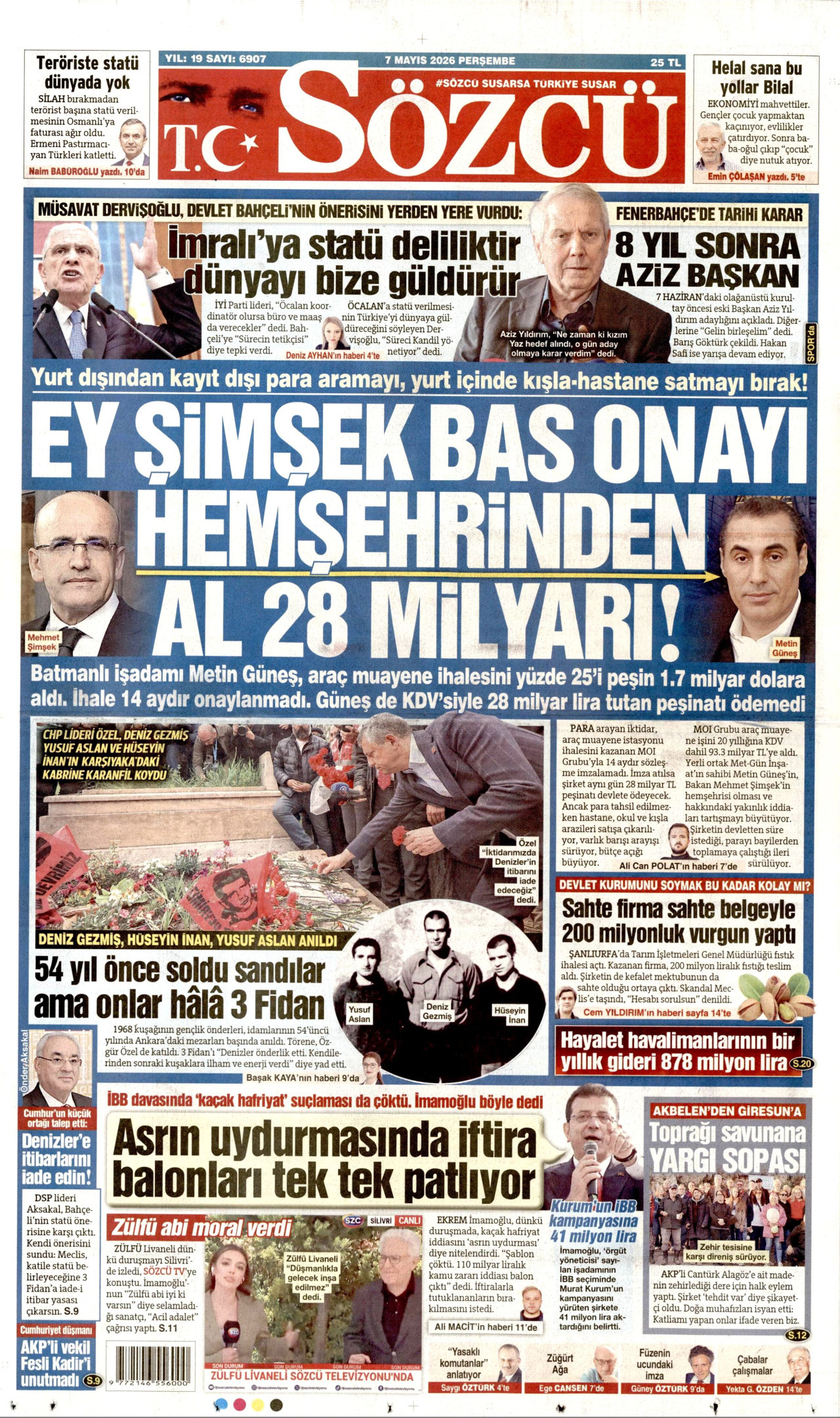 SÖZCÜ gazetesinin 7 Mayıs 2026 tarihli birinci sayfası