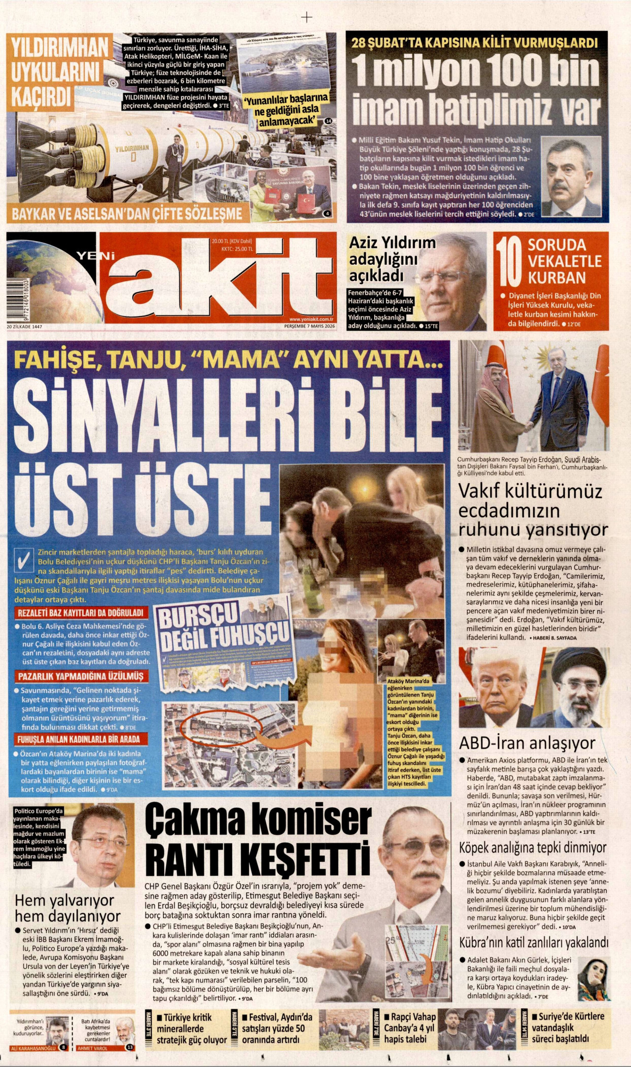 YENİ AKİT gazetesinin 7 Mayıs 2026 tarihli birinci sayfası