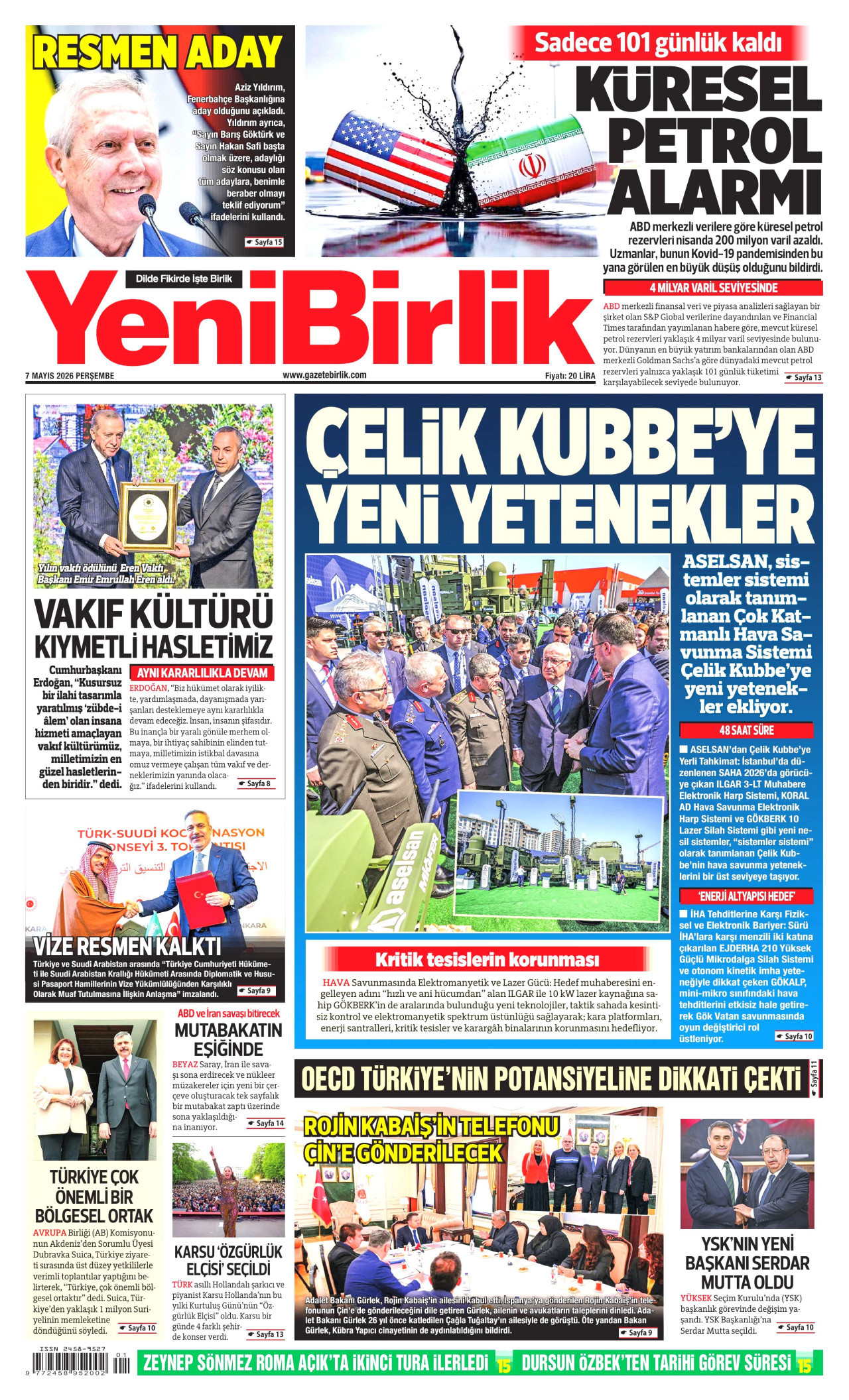 YENİBİRLİK gazetesinin 7 Mayıs 2026 tarihli birinci sayfası