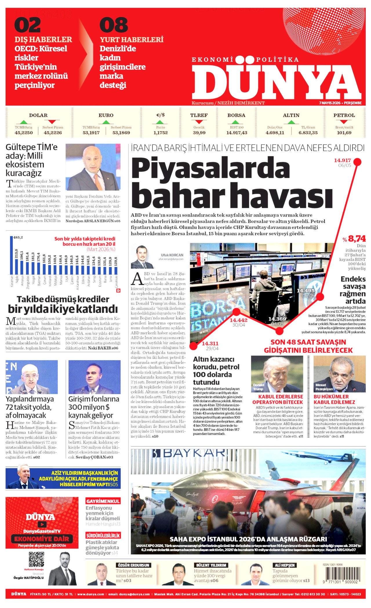 DÜNYA gazetesinin 7 Mayıs 2026 tarihli birinci sayfası