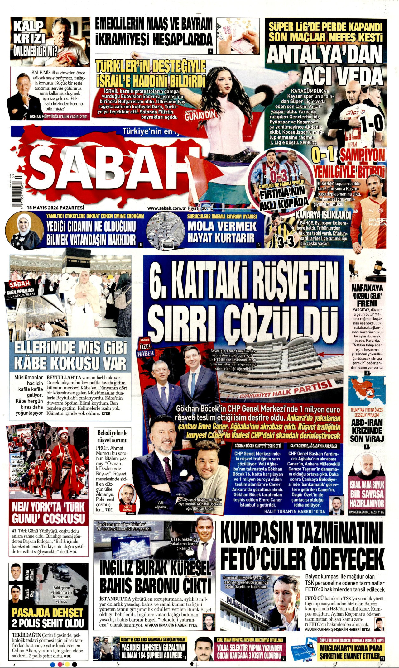 SABAH gazetesinin 18 Mayıs 2026 tarihli birinci sayfası