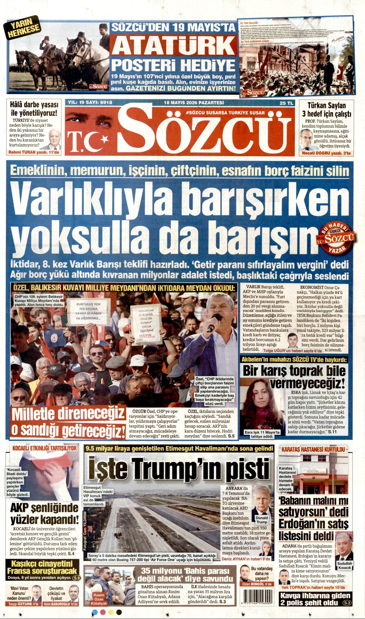 SÖZCÜ gazetesinin 18 Mayıs 2026 tarihli birinci sayfası