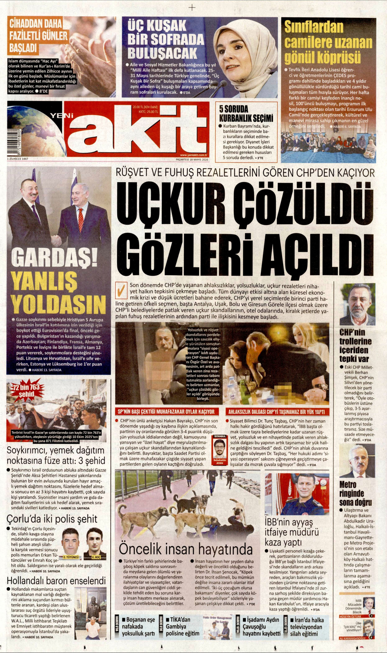YENİ AKİT gazetesinin 18 Mayıs 2026 tarihli birinci sayfası