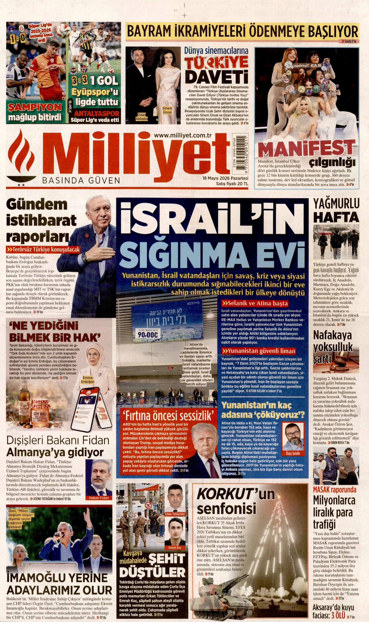 MİLLİYET gazetesinin 18 Mayıs 2026 tarihli birinci sayfası