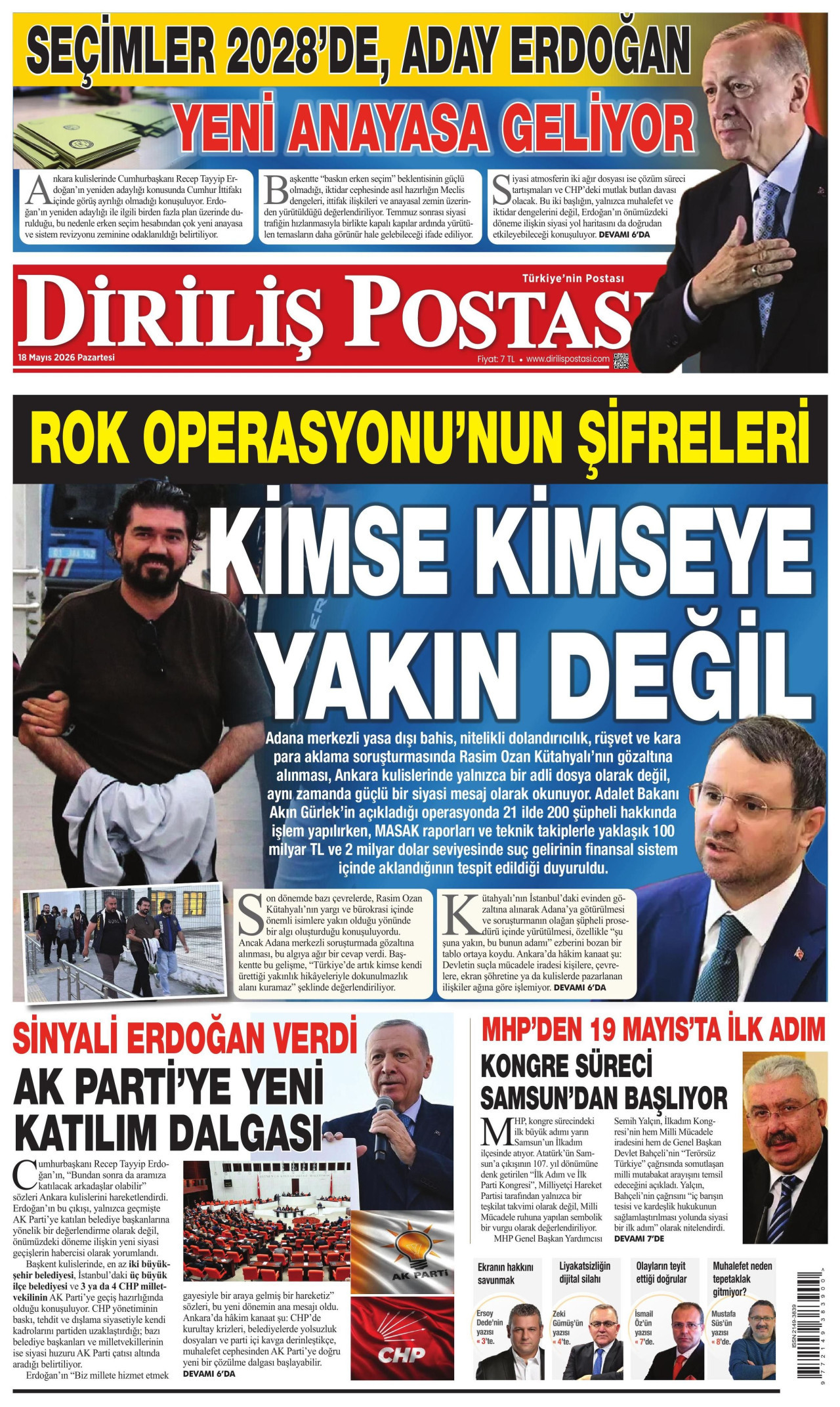 DİRİLİŞ POSTASI gazetesinin 18 Mayıs 2026 tarihli birinci sayfası