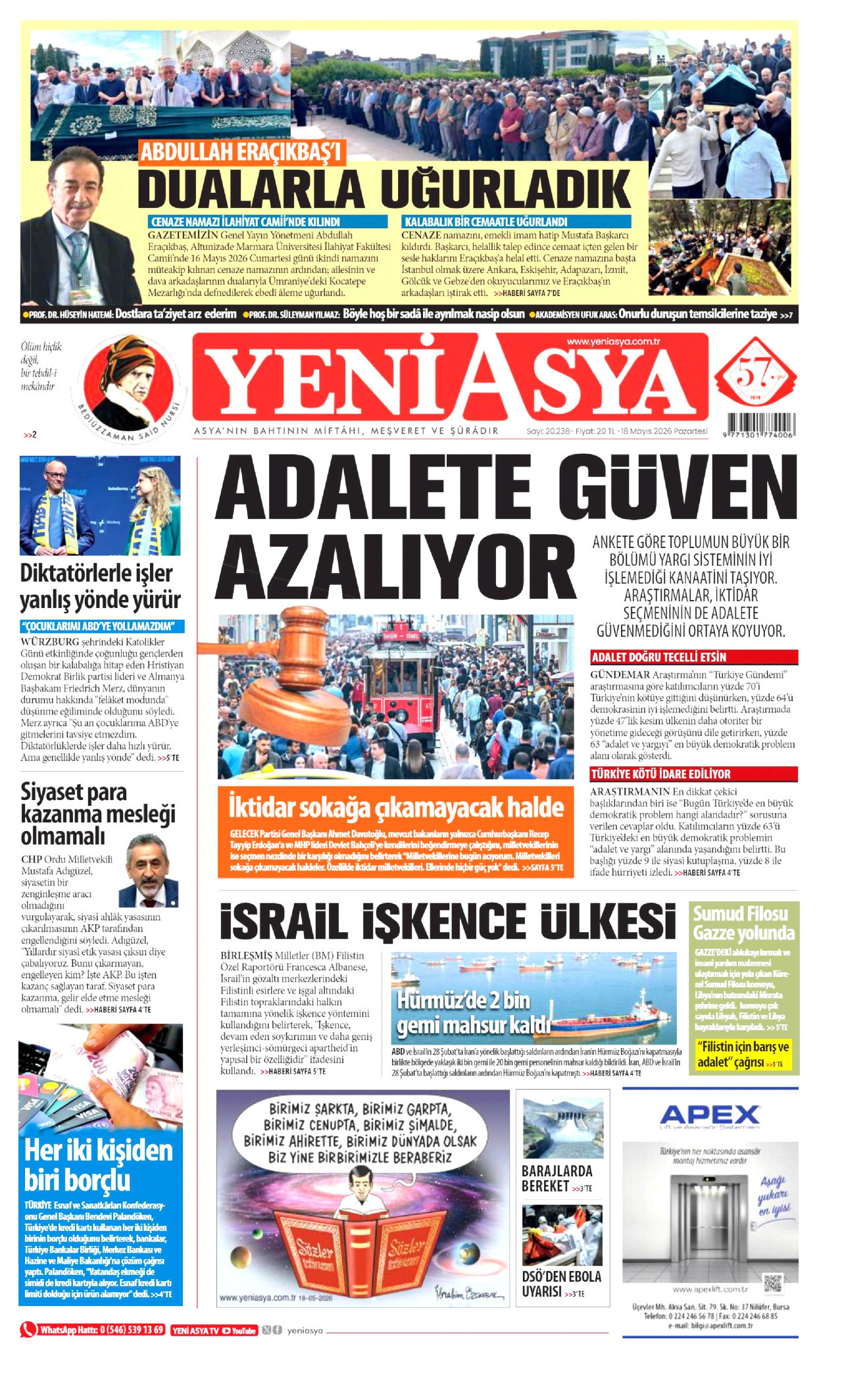 YENİ ASYA gazetesinin 18 Mayıs 2026 tarihli birinci sayfası