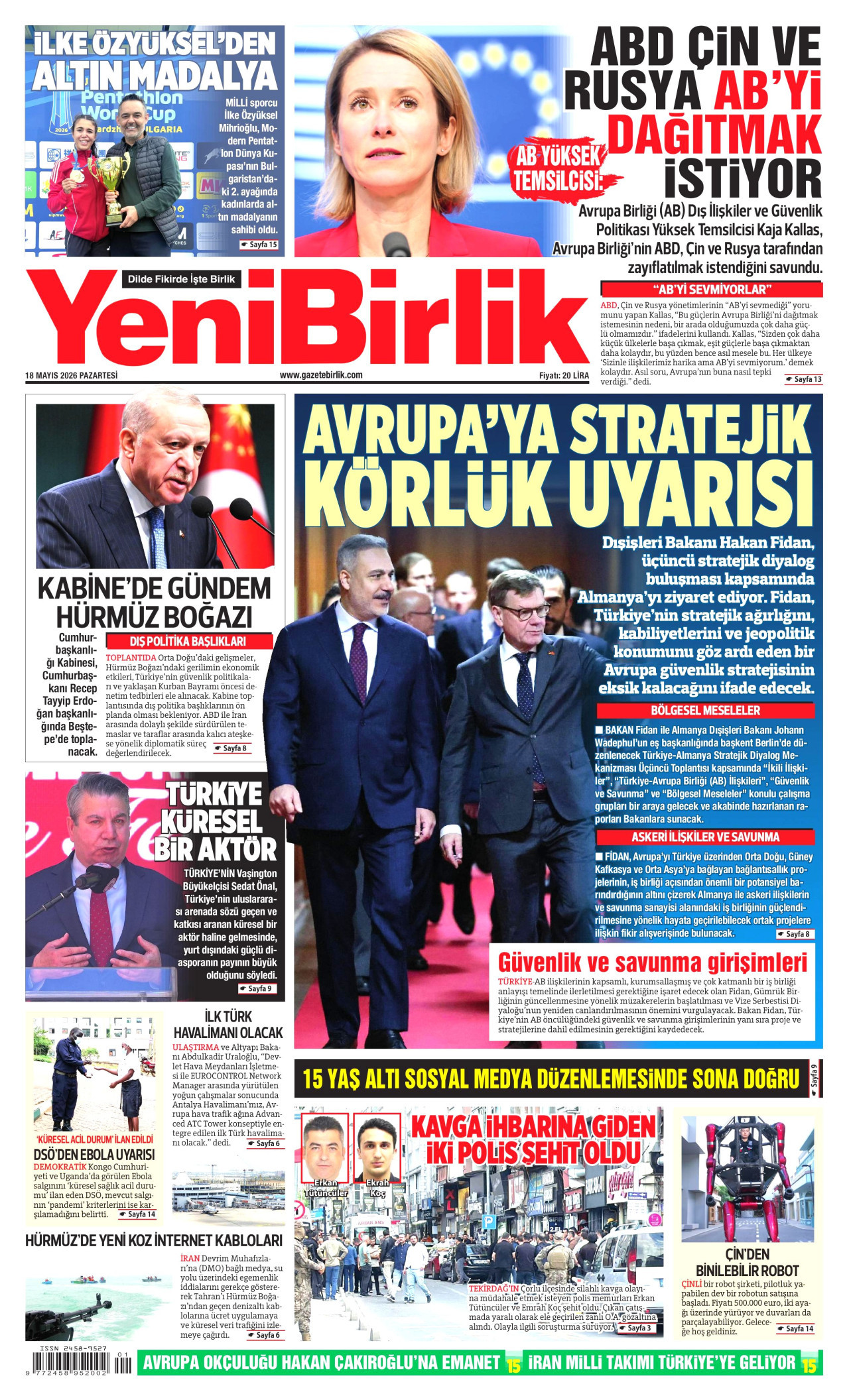 YENİBİRLİK gazetesinin 18 Mayıs 2026 tarihli birinci sayfası