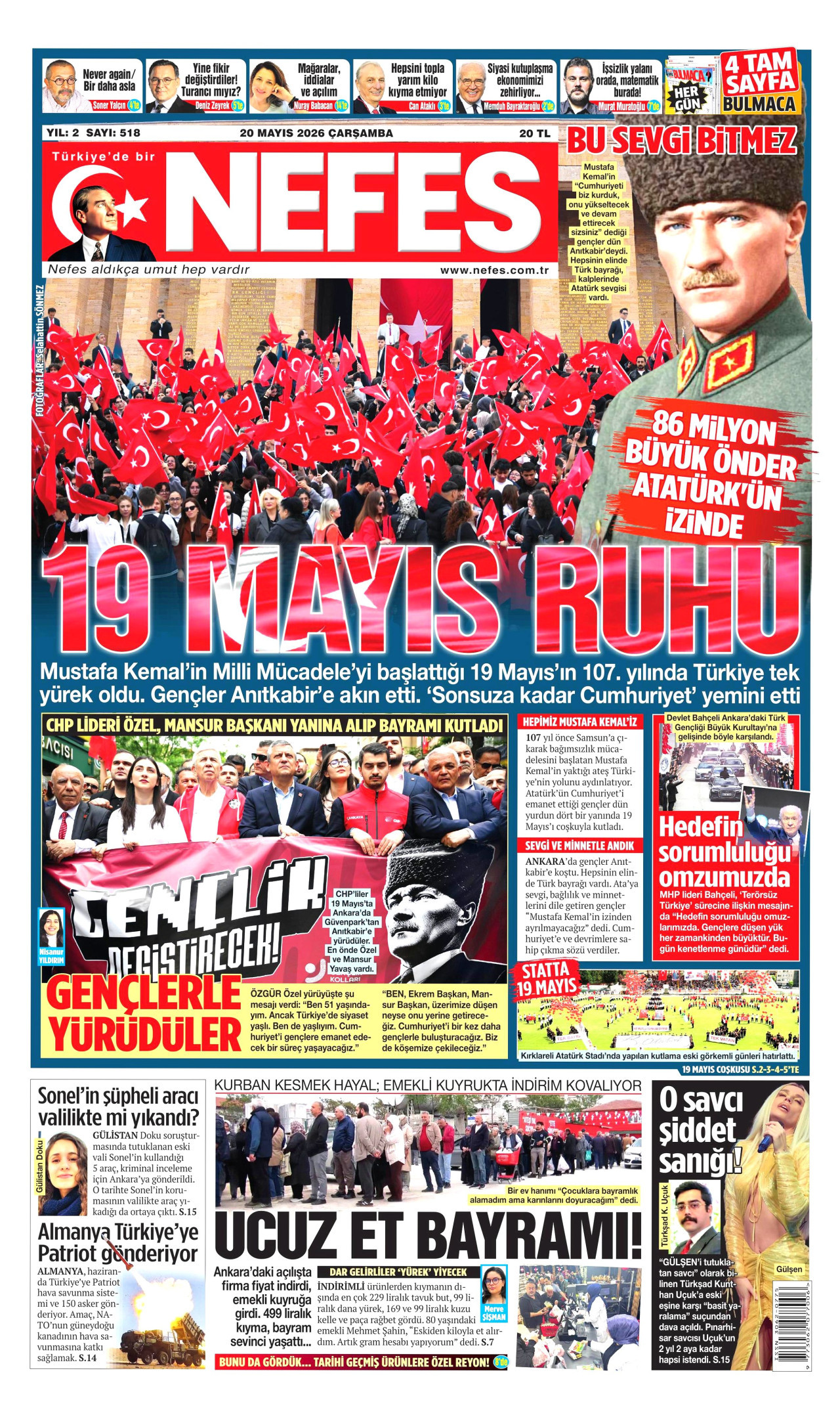 NEFES gazetesinin 20 Mayıs 2026 tarihli birinci sayfası