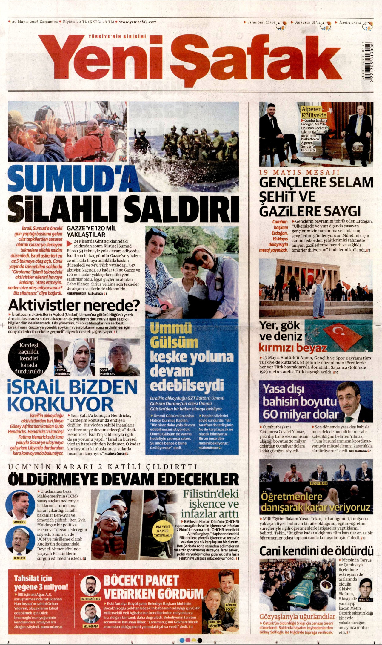YENİ ŞAFAK gazetesinin 20 Mayıs 2026 tarihli birinci sayfası