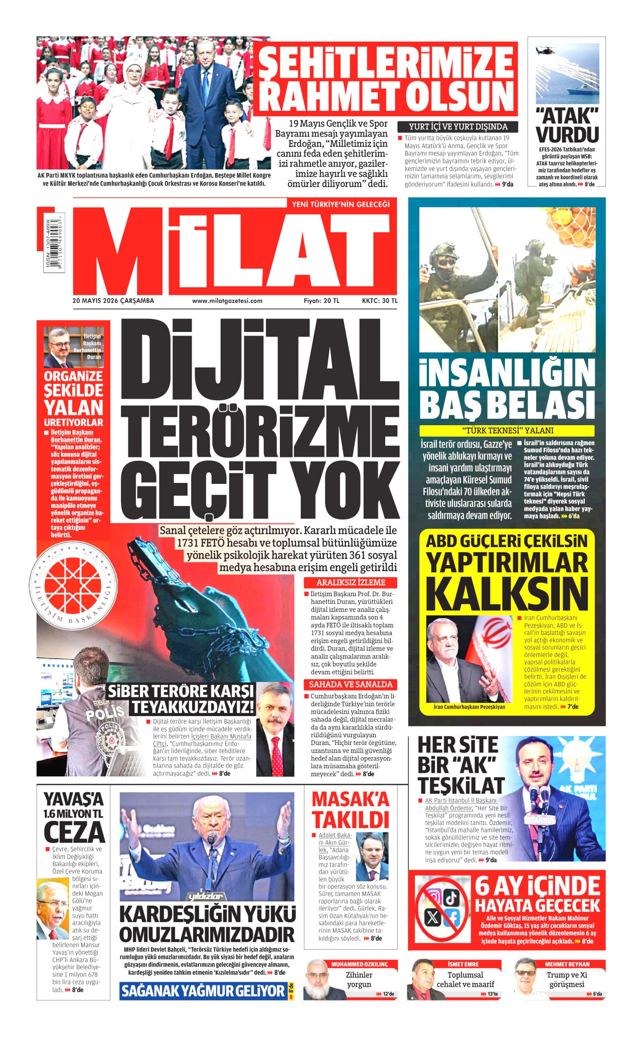 MİLAT gazetesinin 20 Mayıs 2026 tarihli birinci sayfası