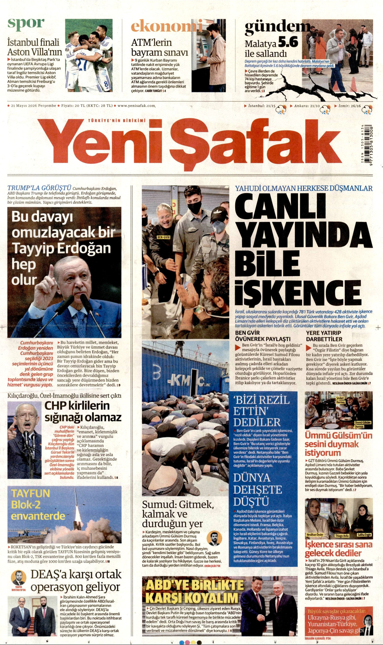 YENİ ŞAFAK gazetesinin 21 Mayıs 2026 tarihli birinci sayfası