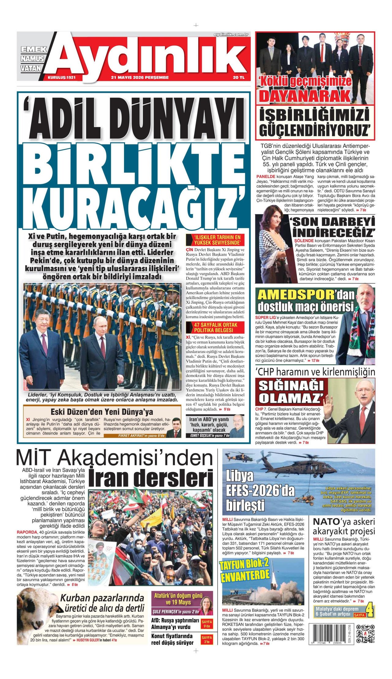 AYDINLIK GAZETESİ gazetesinin 21 Mayıs 2026 tarihli birinci sayfası