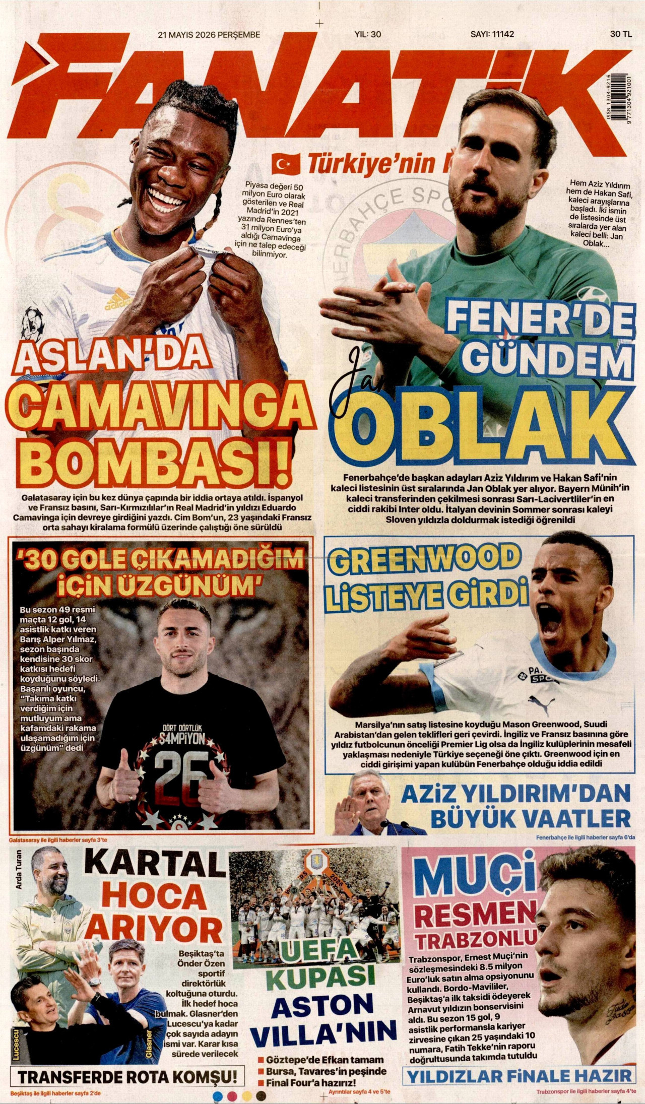 FANATİK gazetesinin 21 Mayıs 2026 tarihli birinci sayfası