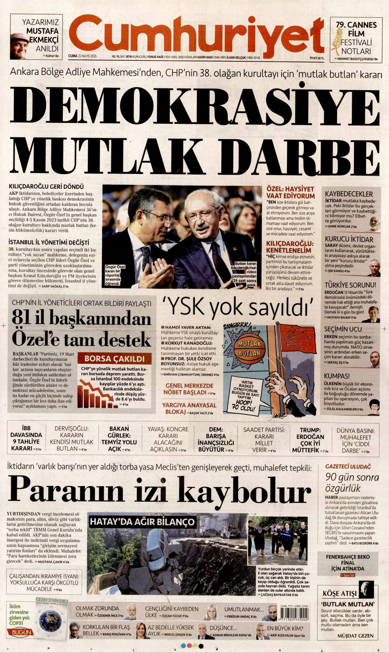 CUMHURİYET gazetesinin 22 Mayıs 2026 tarihli birinci sayfası