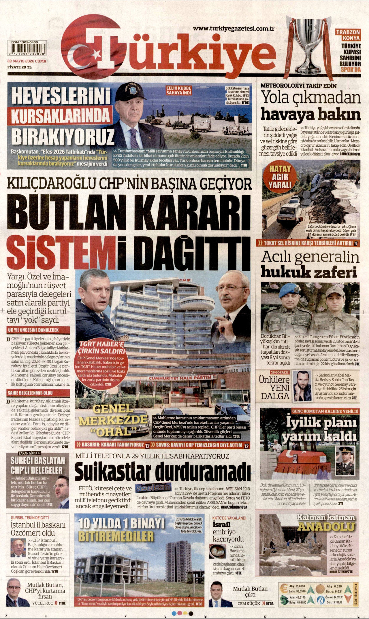 TÜRKİYE GAZETESİ gazetesinin 22 Mayıs 2026 tarihli birinci sayfası