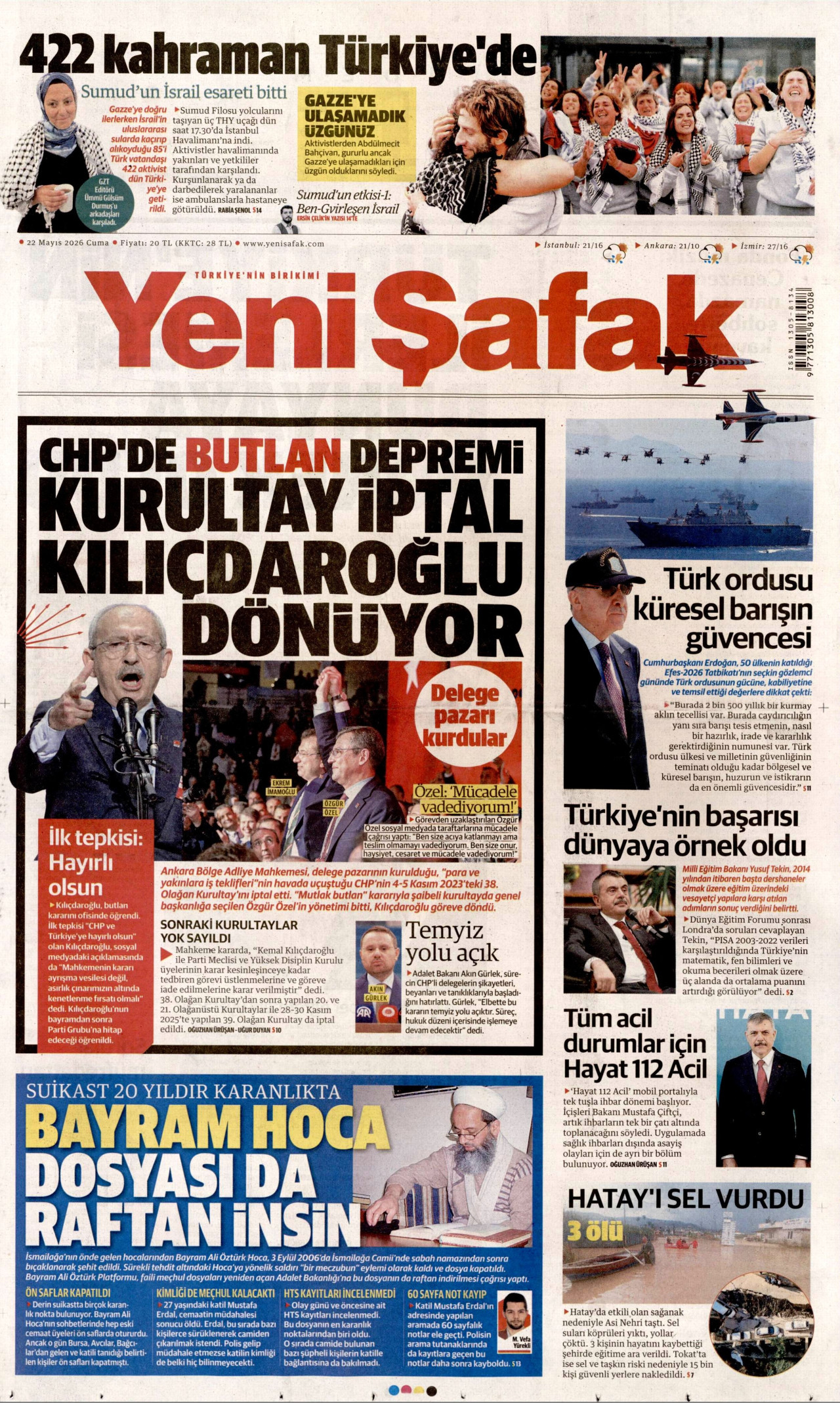 YENİ ŞAFAK gazetesinin 22 Mayıs 2026 tarihli birinci sayfası