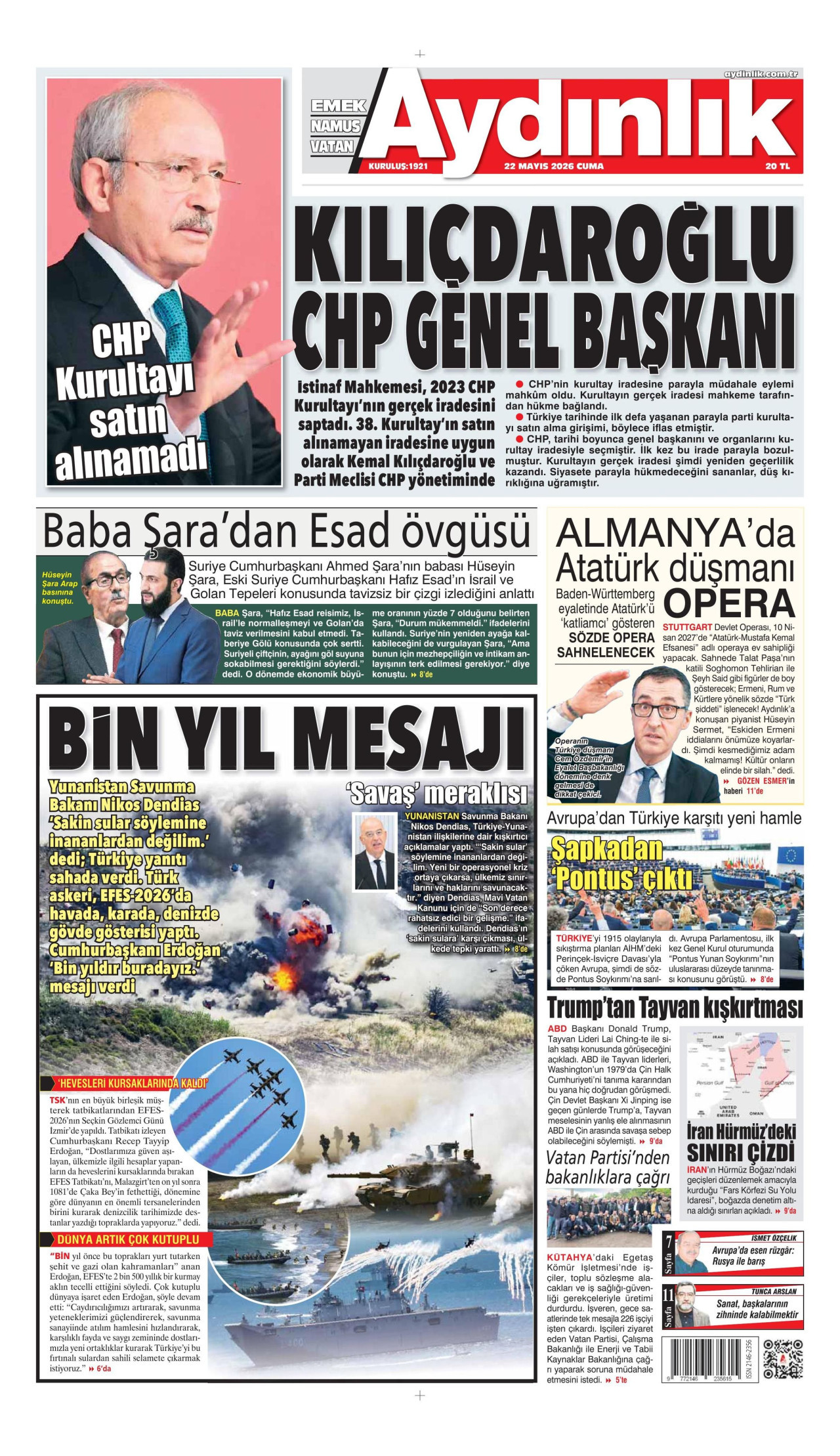AYDINLIK GAZETESİ gazetesinin 22 Mayıs 2026 tarihli birinci sayfası