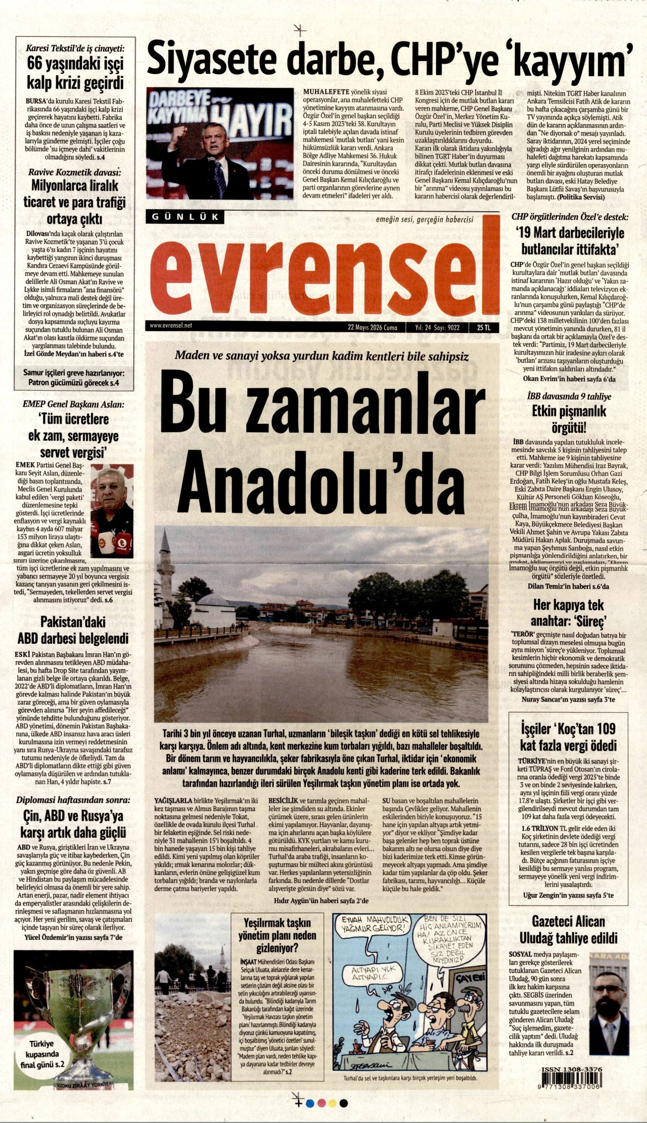 EVRENSEL gazetesinin 22 Mayıs 2026 tarihli birinci sayfası