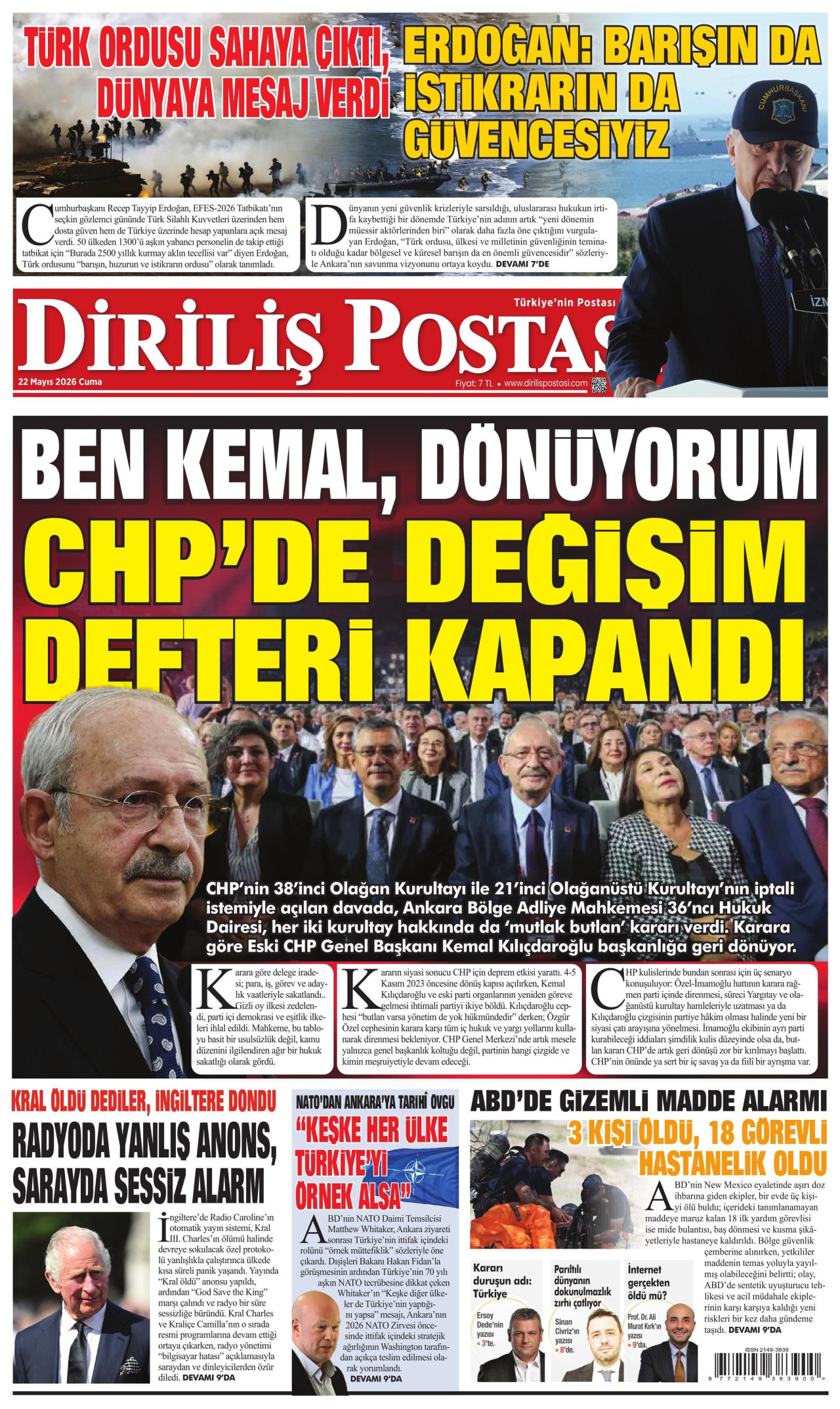 DİRİLİŞ POSTASI gazetesinin 22 Mayıs 2026 tarihli birinci sayfası