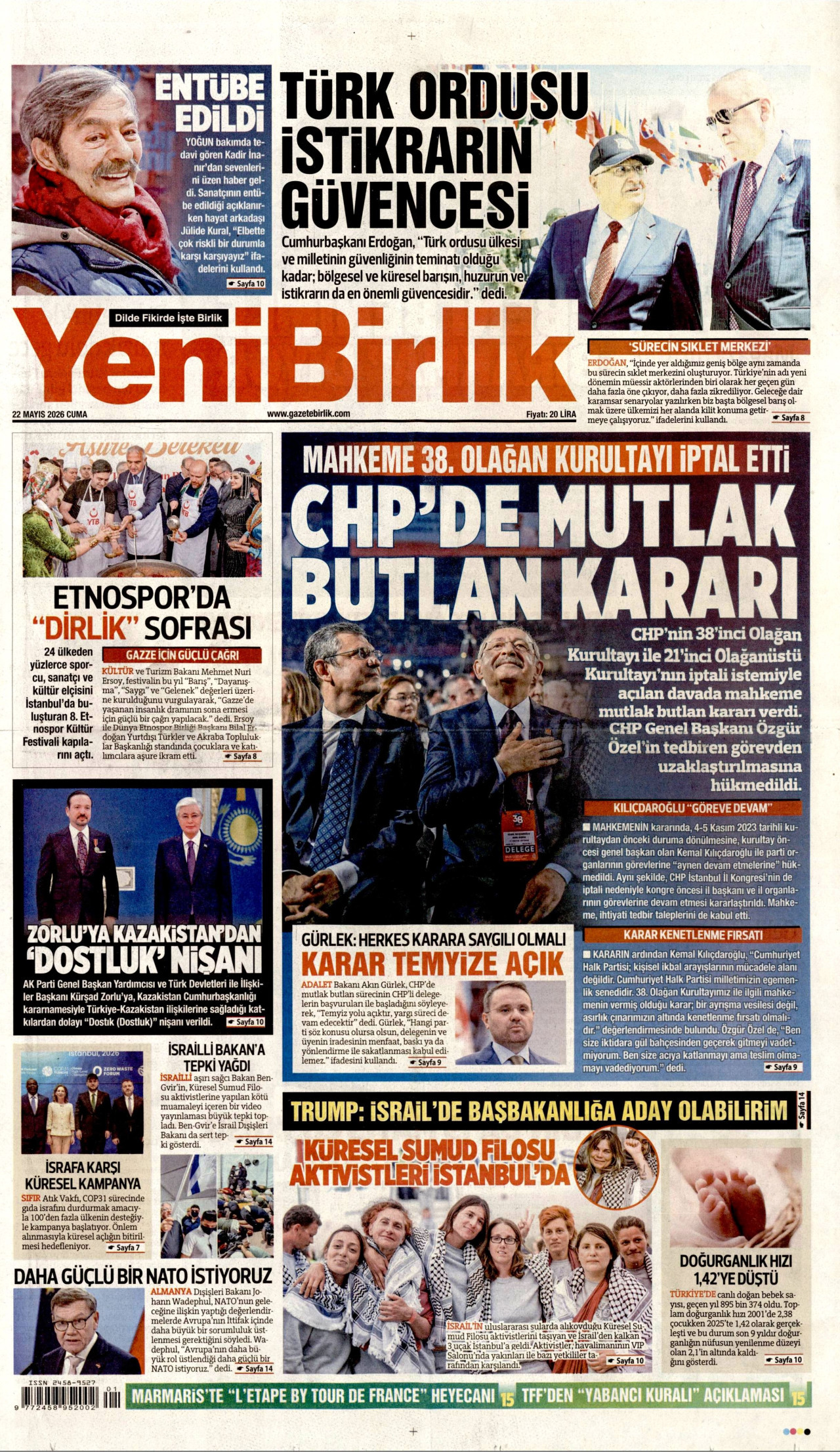 YENİBİRLİK gazetesinin 22 Mayıs 2026 tarihli birinci sayfası