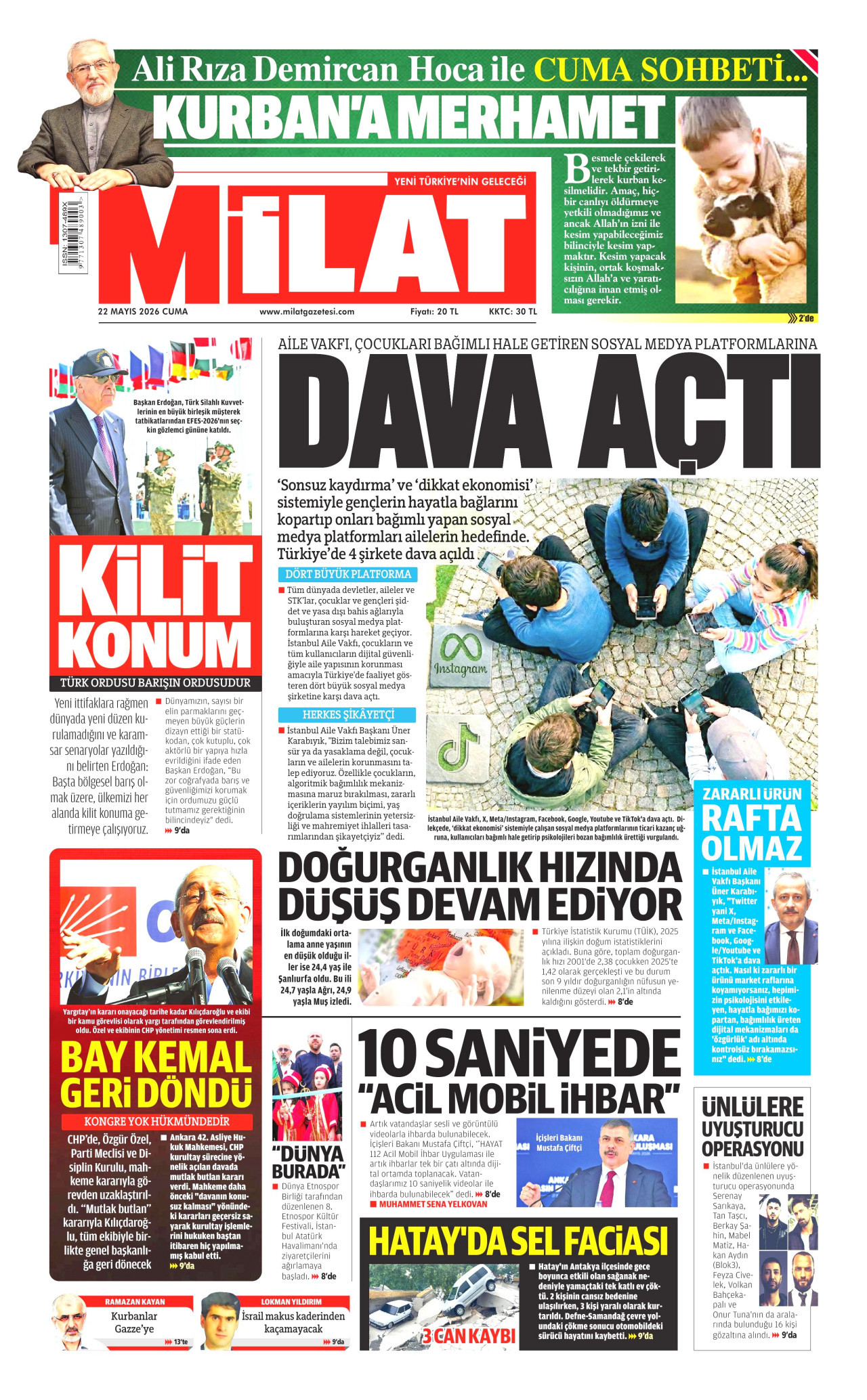 MİLAT gazetesinin 22 Mayıs 2026 tarihli birinci sayfası