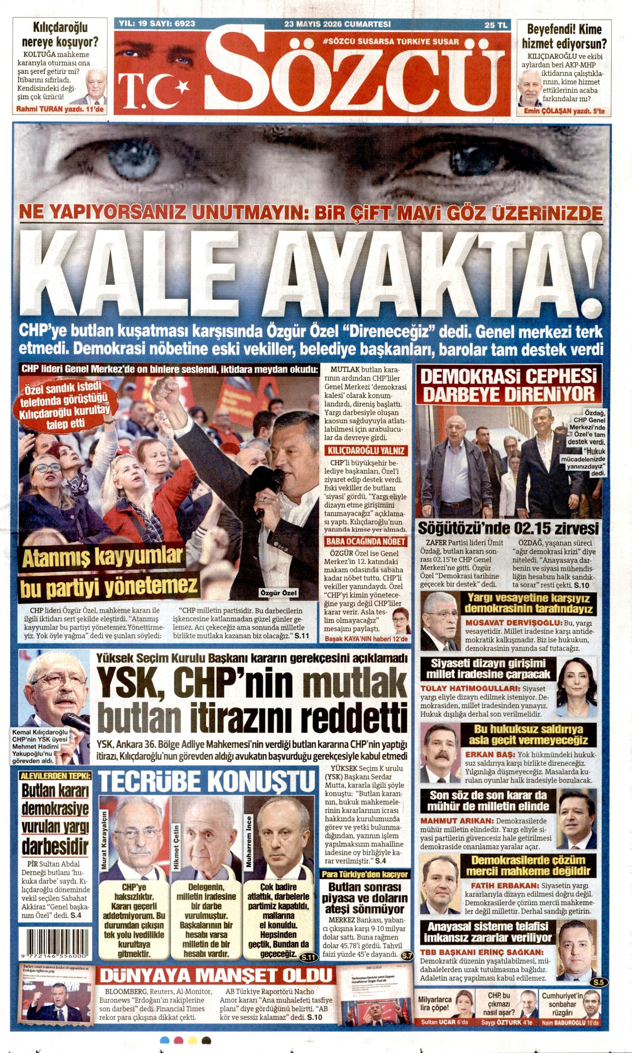 SÖZCÜ gazetesinin 23 Mayıs 2026 tarihli birinci sayfası