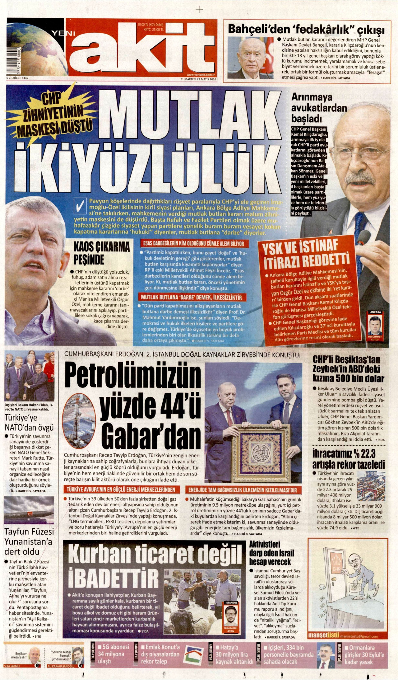 YENİ AKİT gazetesinin 23 Mayıs 2026 tarihli birinci sayfası