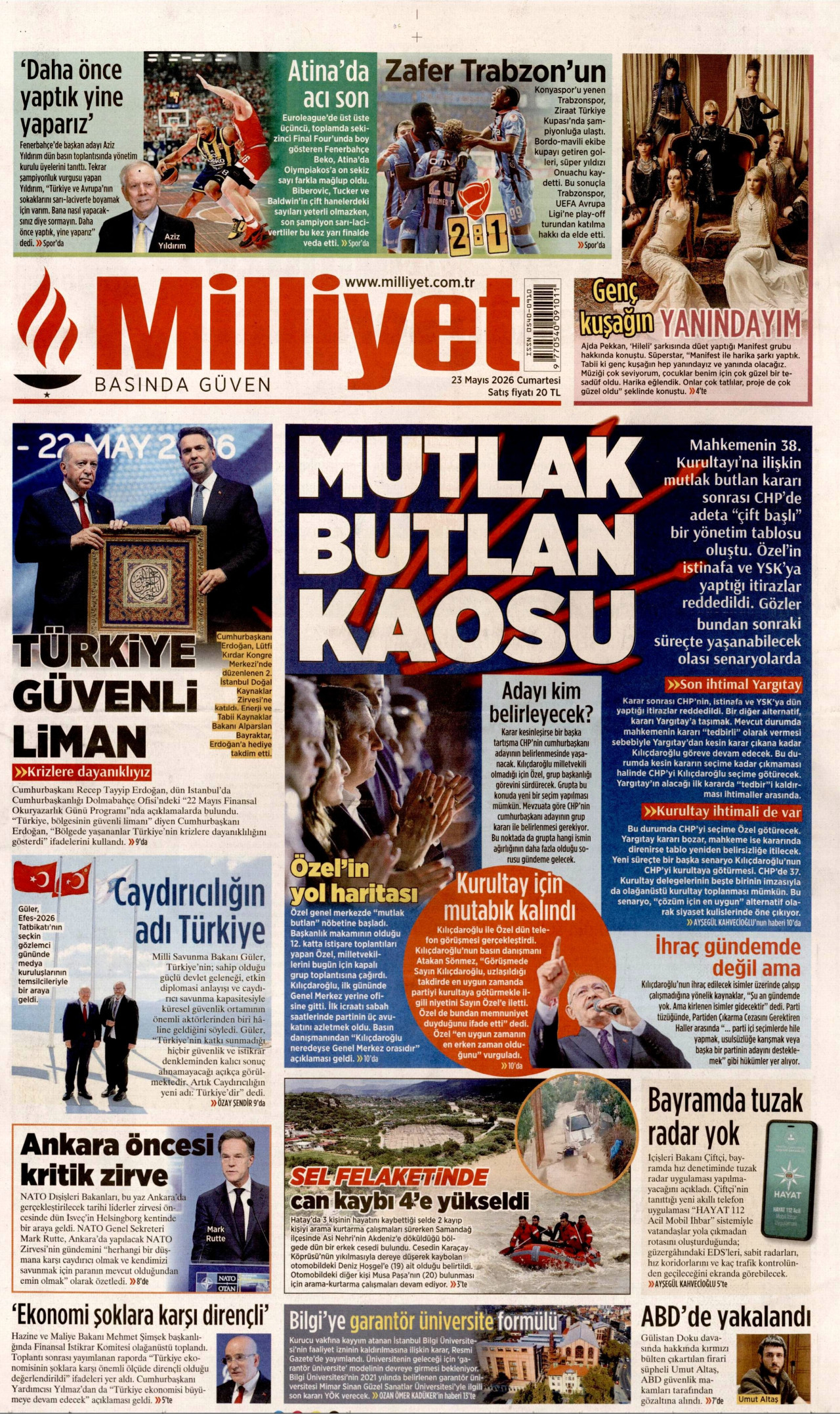 MİLLİYET gazetesinin 23 Mayıs 2026 tarihli birinci sayfası