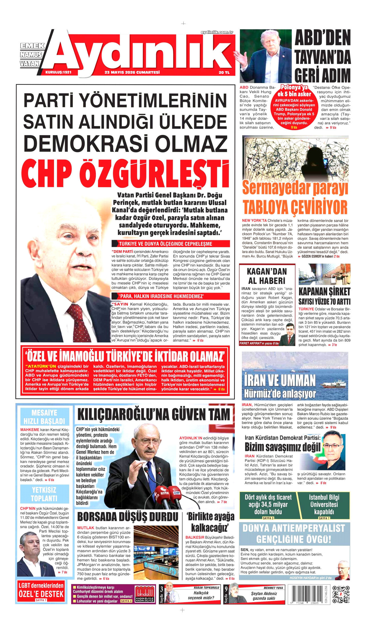 AYDINLIK GAZETESİ gazetesinin 23 Mayıs 2026 tarihli birinci sayfası