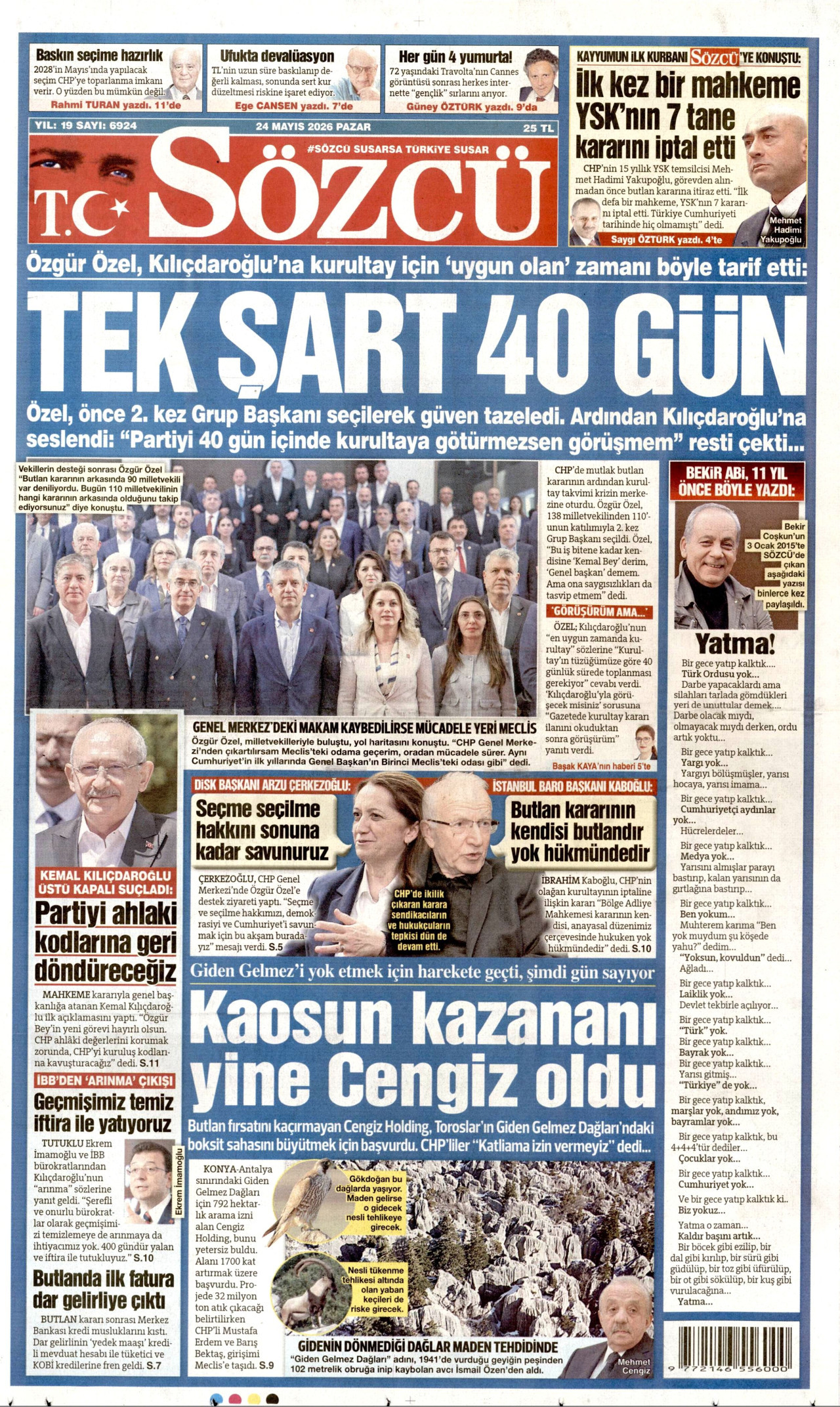 SÖZCÜ gazetesinin 24 Mayıs 2026 tarihli birinci sayfası