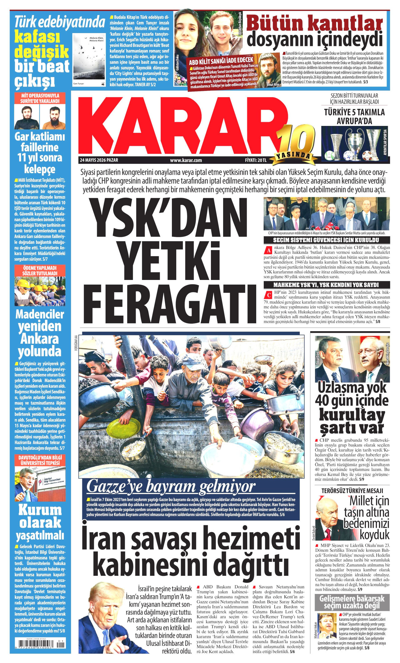 KARAR gazetesinin 24 Mayıs 2026 tarihli birinci sayfası