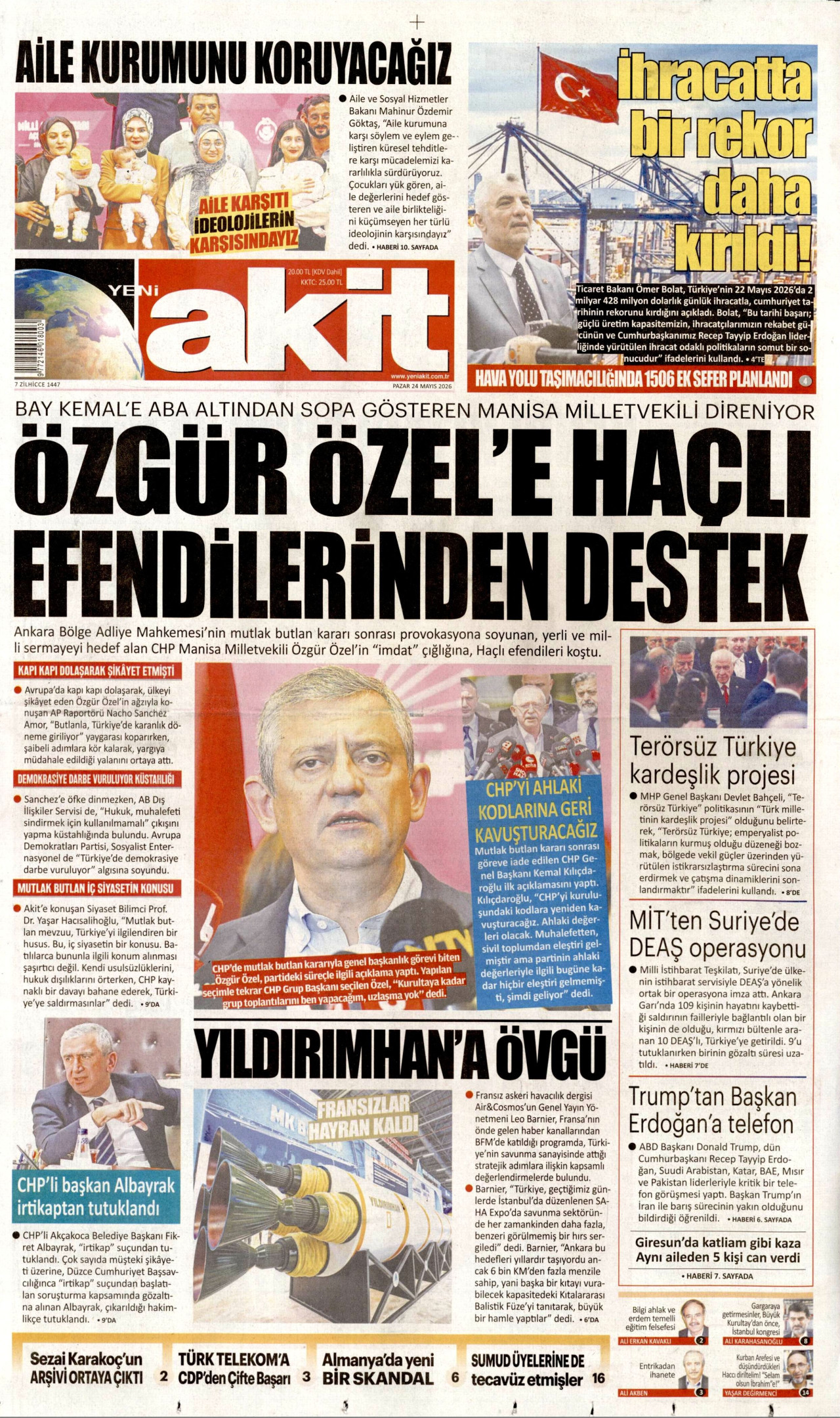 YENİ AKİT gazetesinin 24 Mayıs 2026 tarihli birinci sayfası