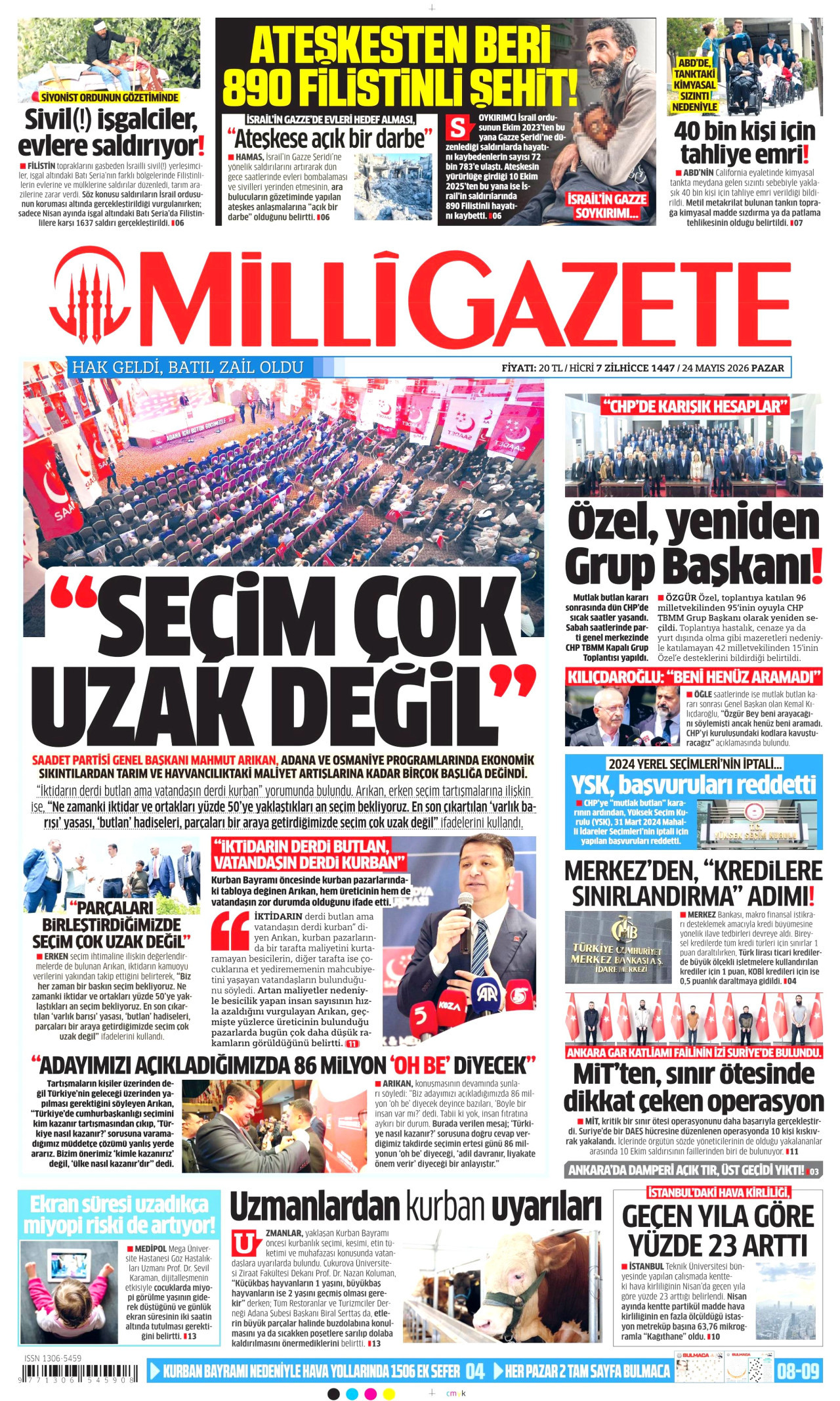 MİLLİ GAZETE gazetesinin 24 Mayıs 2026 tarihli birinci sayfası