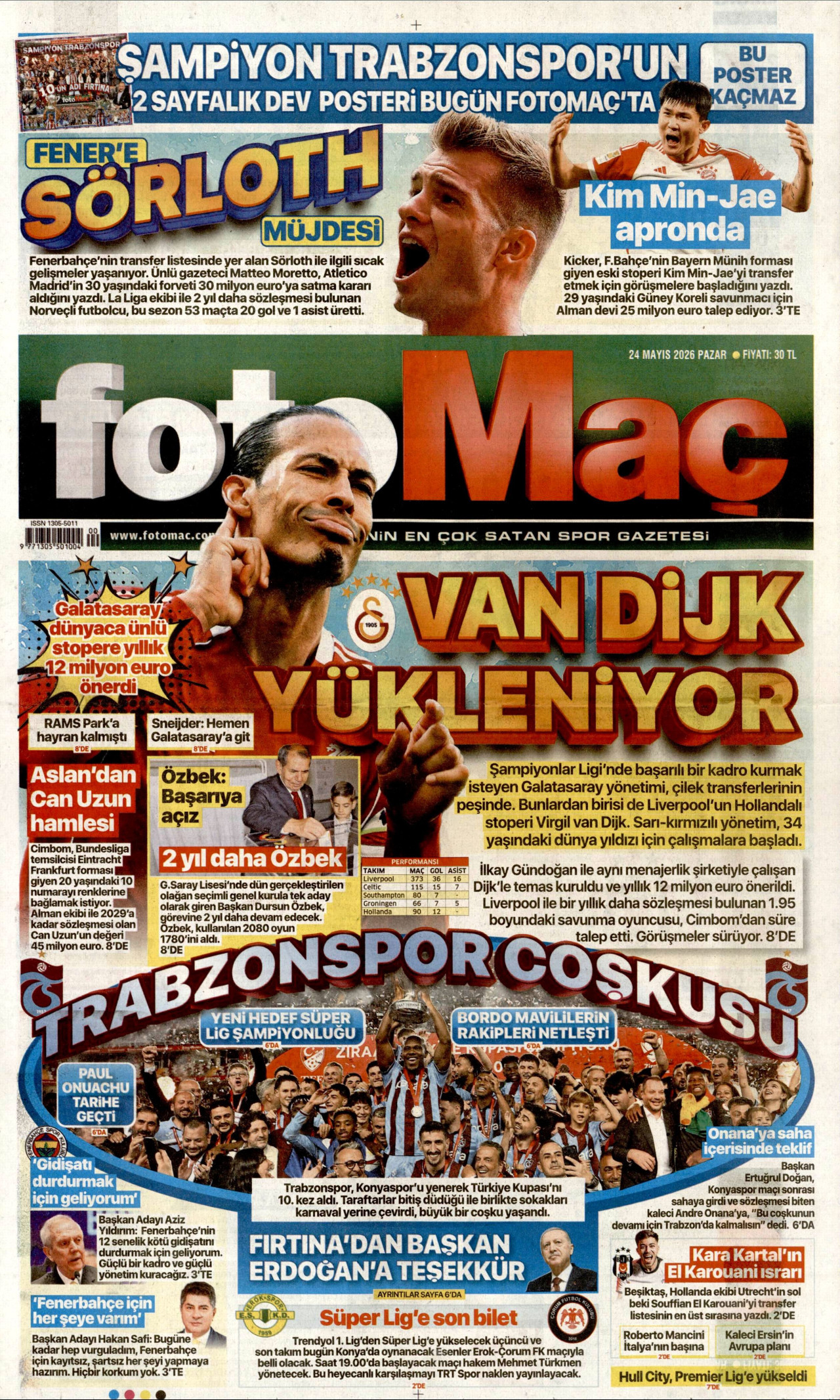 FOTOMAÇ gazetesinin 24 Mayıs 2026 tarihli birinci sayfası