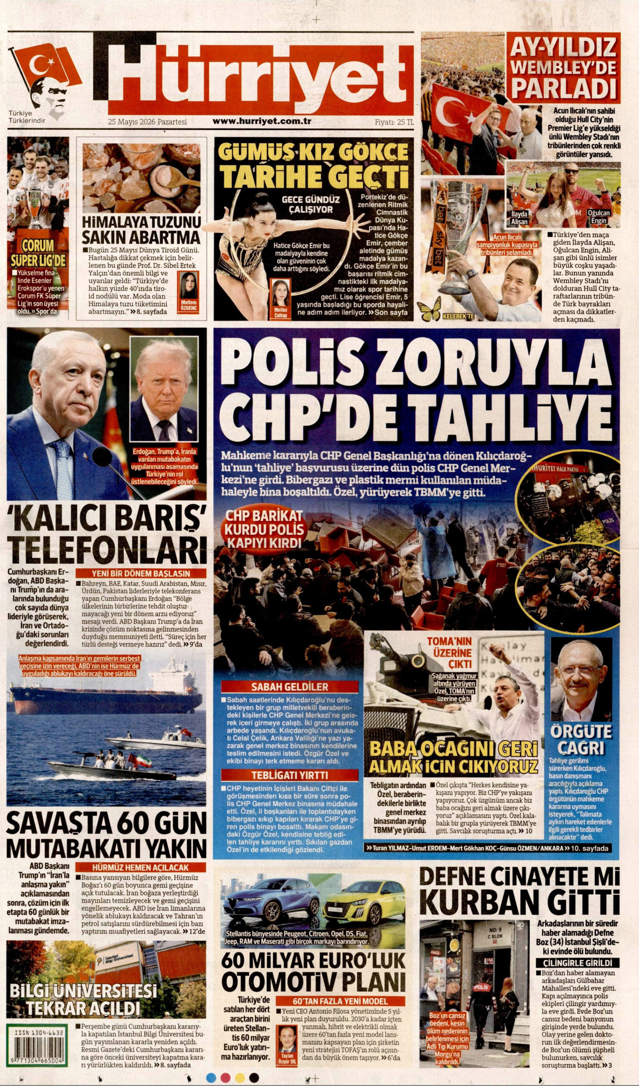 HÜRRİYET gazetesinin 25 Mayıs 2026 tarihli birinci sayfası