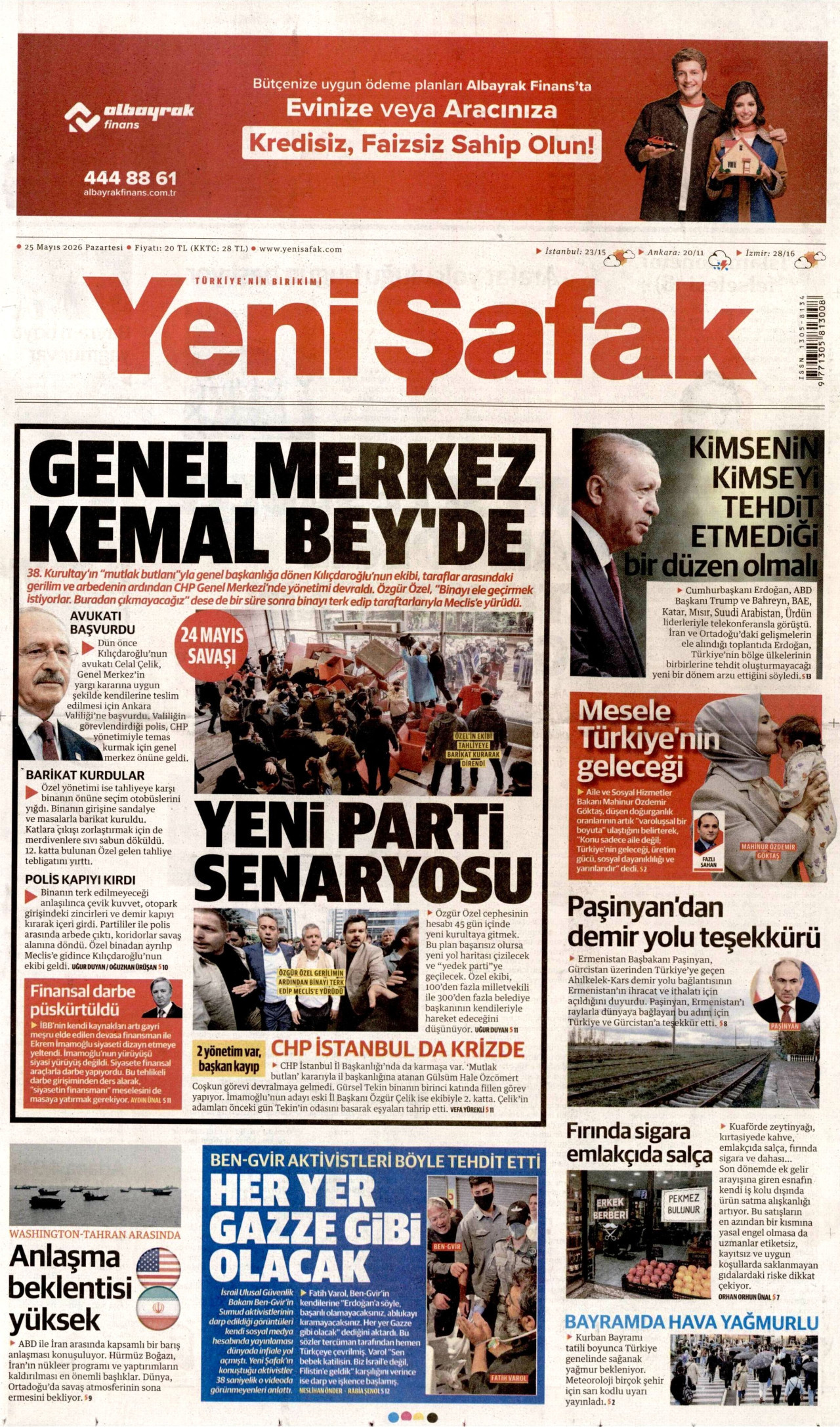 YENİ ŞAFAK gazetesinin 25 Mayıs 2026 tarihli birinci sayfası