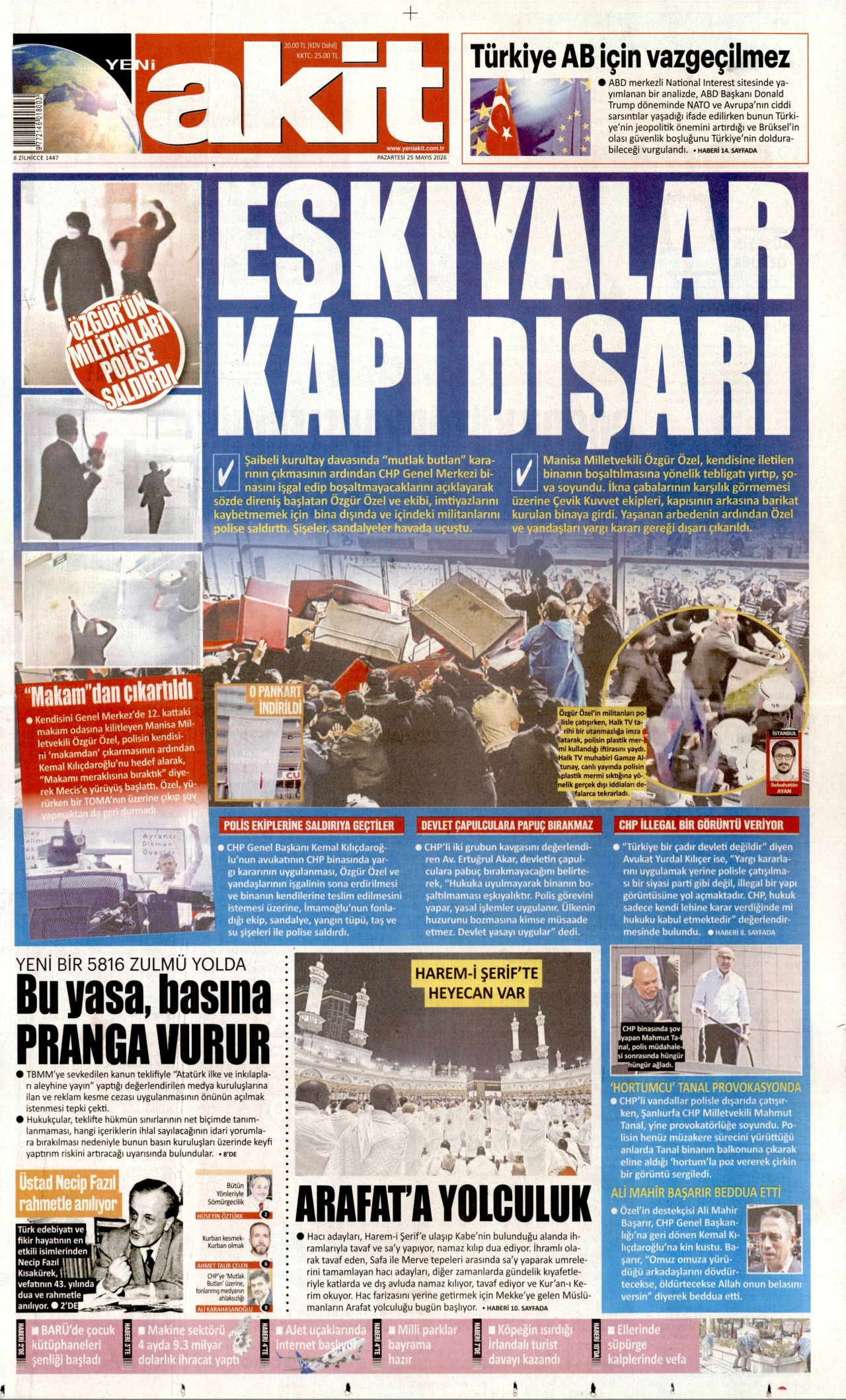 YENİ AKİT gazetesinin 25 Mayıs 2026 tarihli birinci sayfası