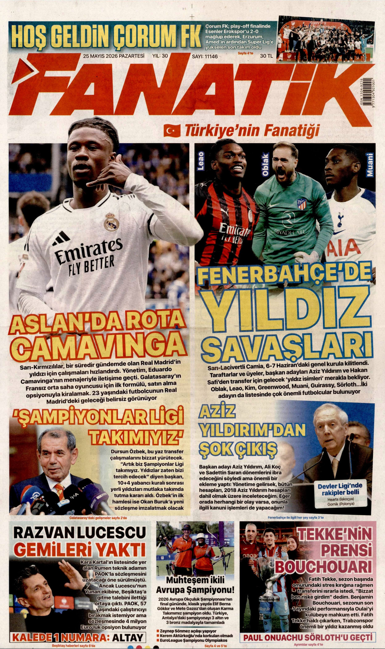FANATİK gazetesinin 25 Mayıs 2026 tarihli birinci sayfası