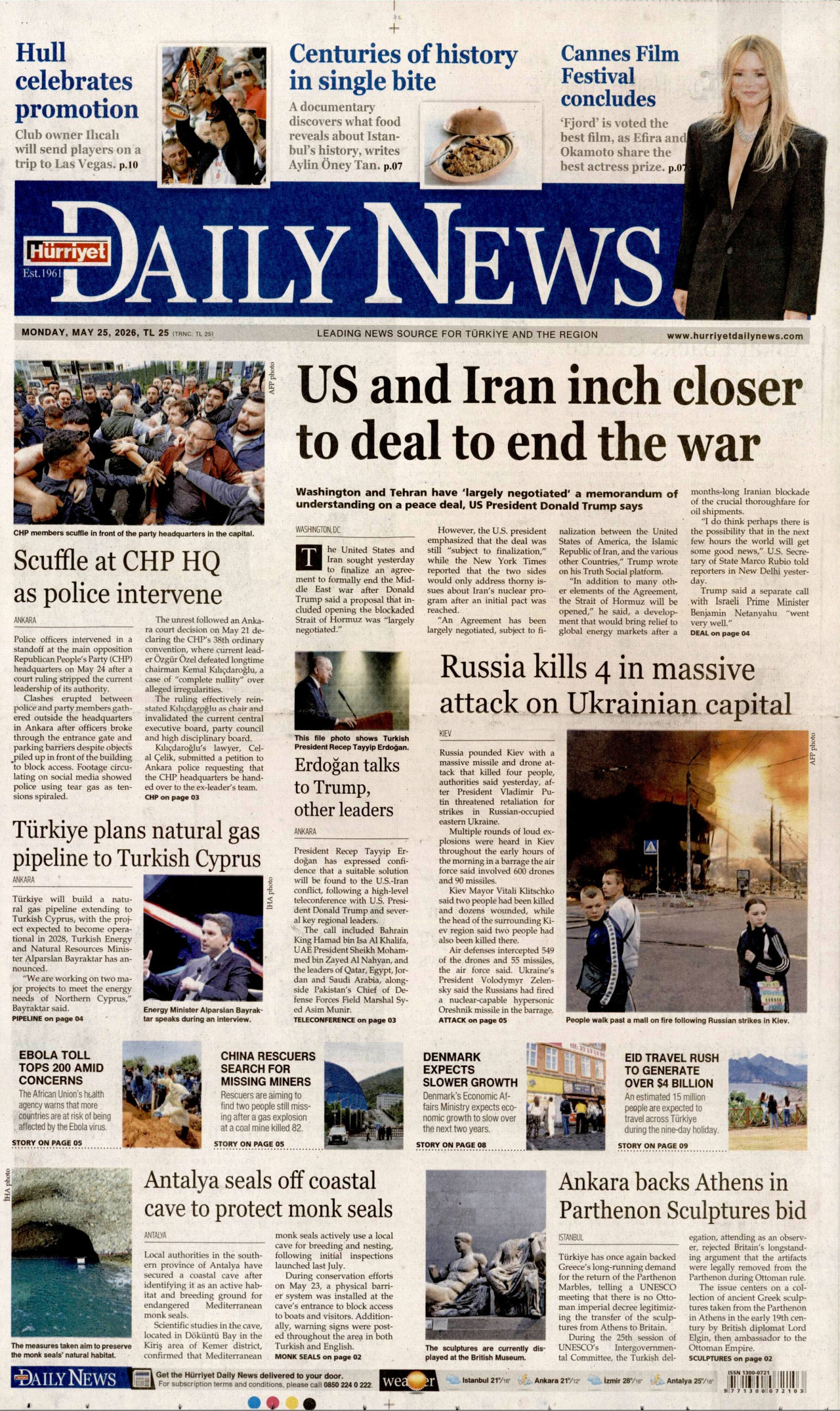 HÜRRİYET DAİLY NEWS gazetesinin 25 Mayıs 2026 tarihli birinci sayfası